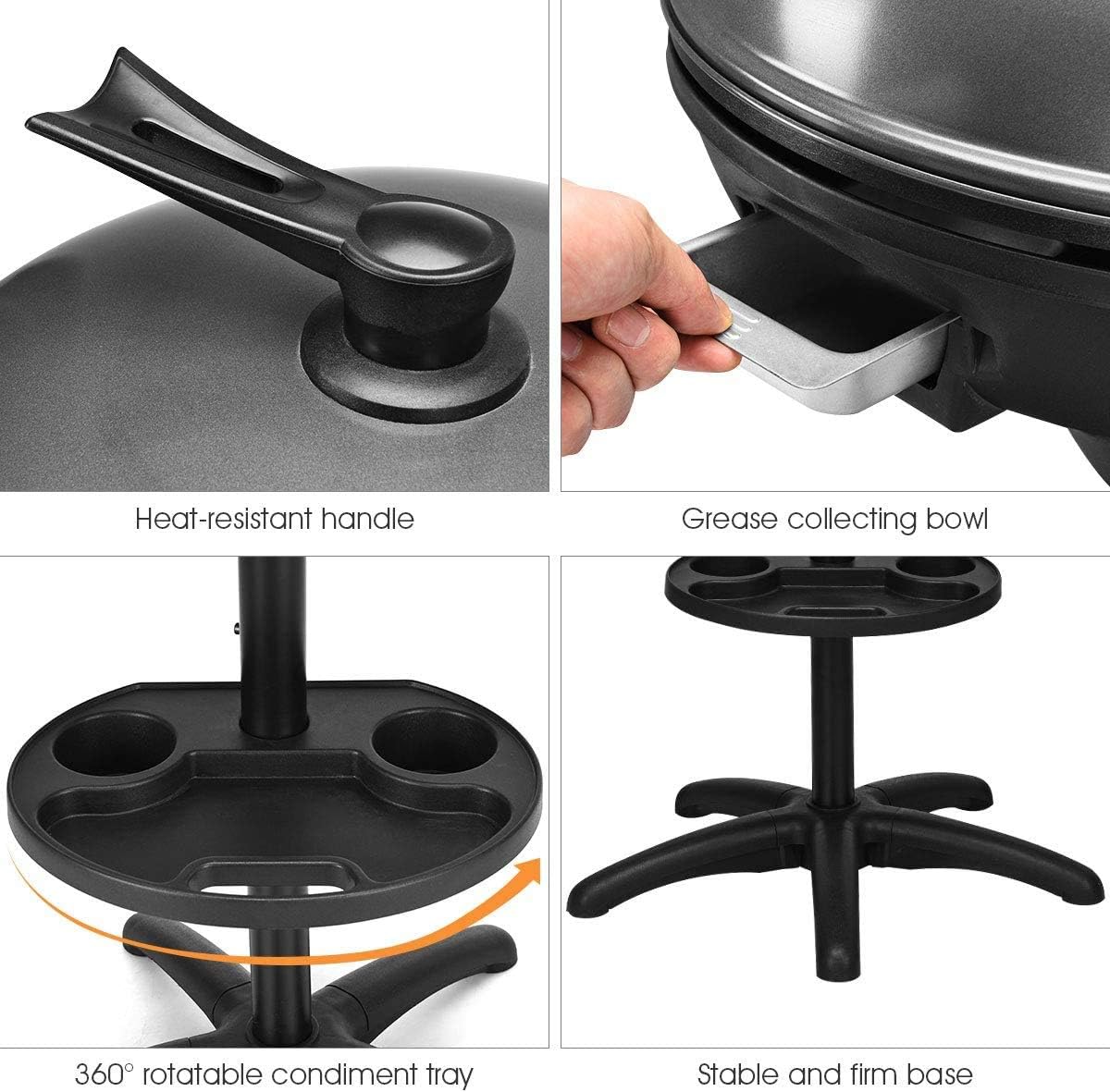 Happygrill Electric Grill Outdoor, 1350W Portable BBQ Grill w/Non-stick Griddle Plate, Temperature Control, Drip Tray, Temperature Control for Patio Camping (Black, 24.5'' Dia x 38.5'' H)