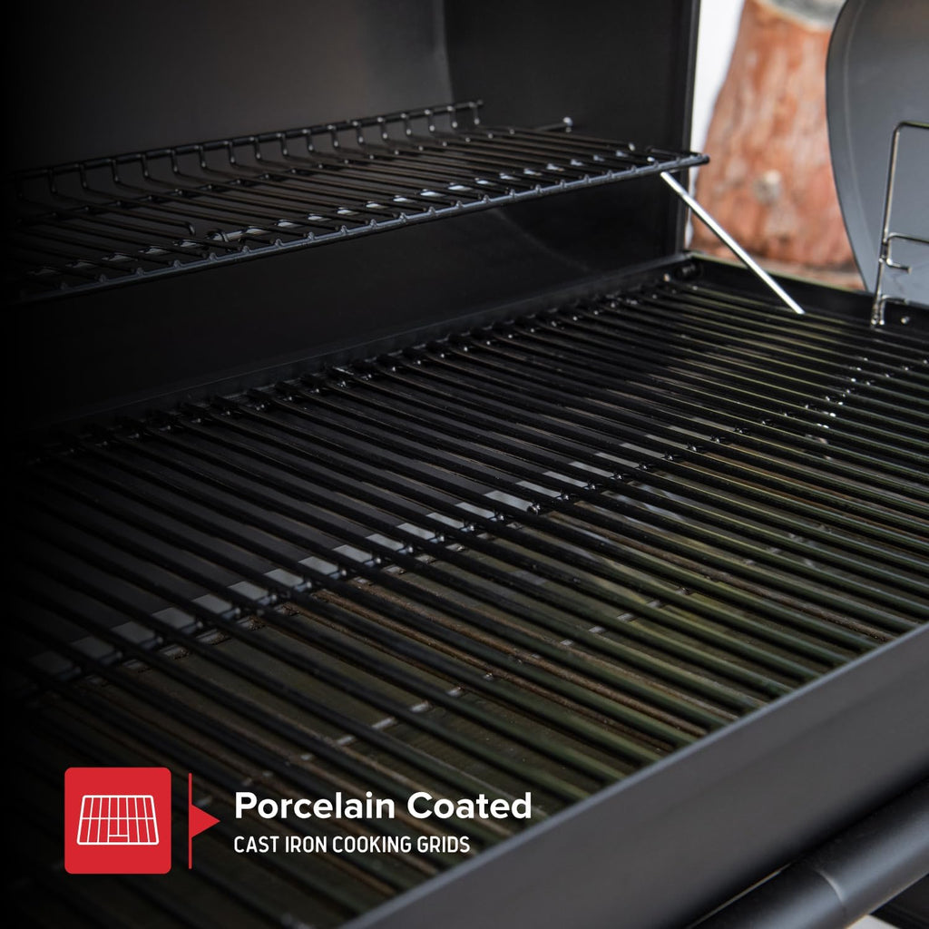 Nexgrill Premium 29' Charcoal Grill with Side Shelf, 552 SQ In Cooking Space, Adjustable Charcoal Tray, Chimney Air Vent, Warming Rack, Barrel Smoker Grill for Camping, Picnics, and More - 810-0029C