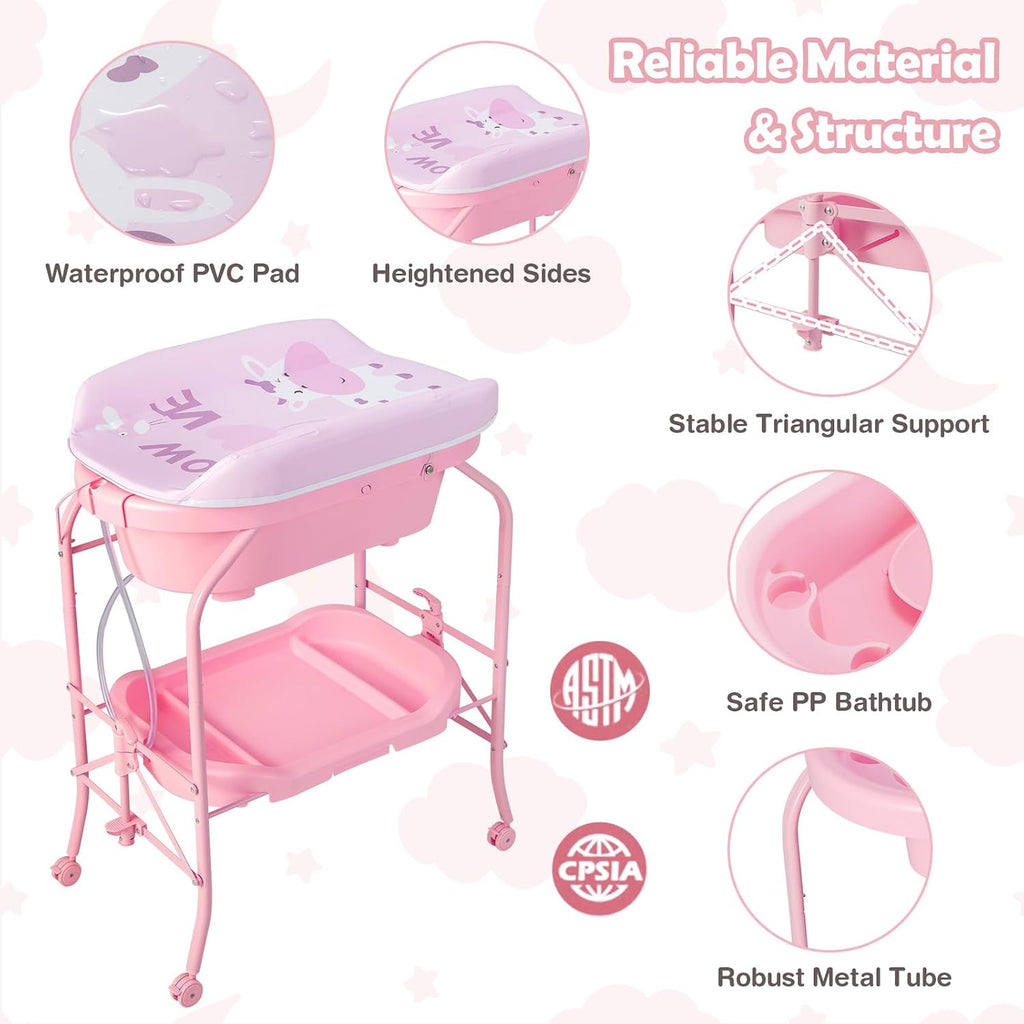 HONEY JOY 2-in-1 Baby Bathtub & Changing Table, Foldable Infant Diaper Changing Station with Wheels, Storage Tray, Waterproof Pad, Portable Newborn Nursery Organizer Bath Stand for Boys Girls (Pink)