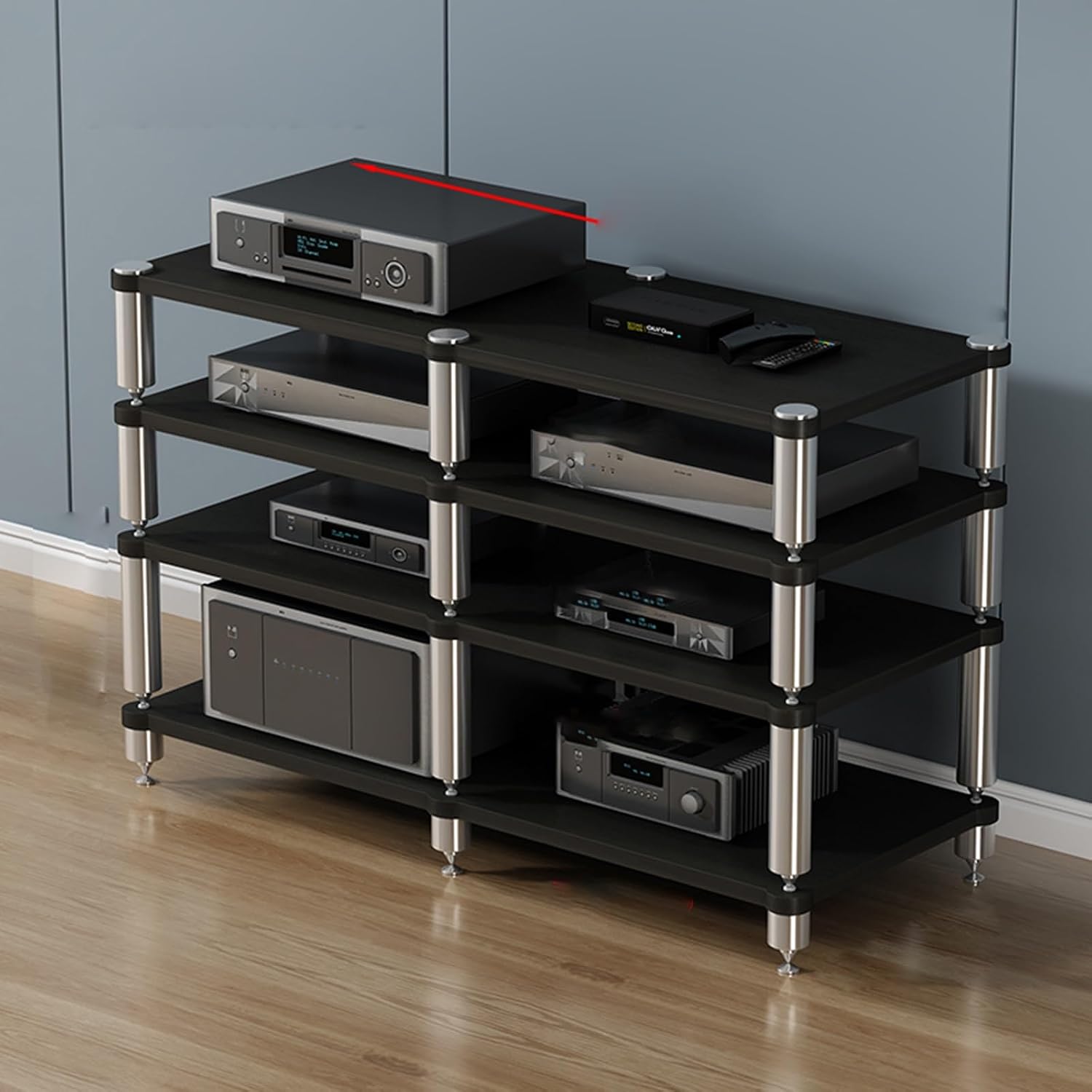 Media Storage Cabinet - 4-Tier Stereo Rack, Corner AV Stand for Audio/Video Components, Movable Entertainment Center, Video Game Console Shelf (Dark Finish)