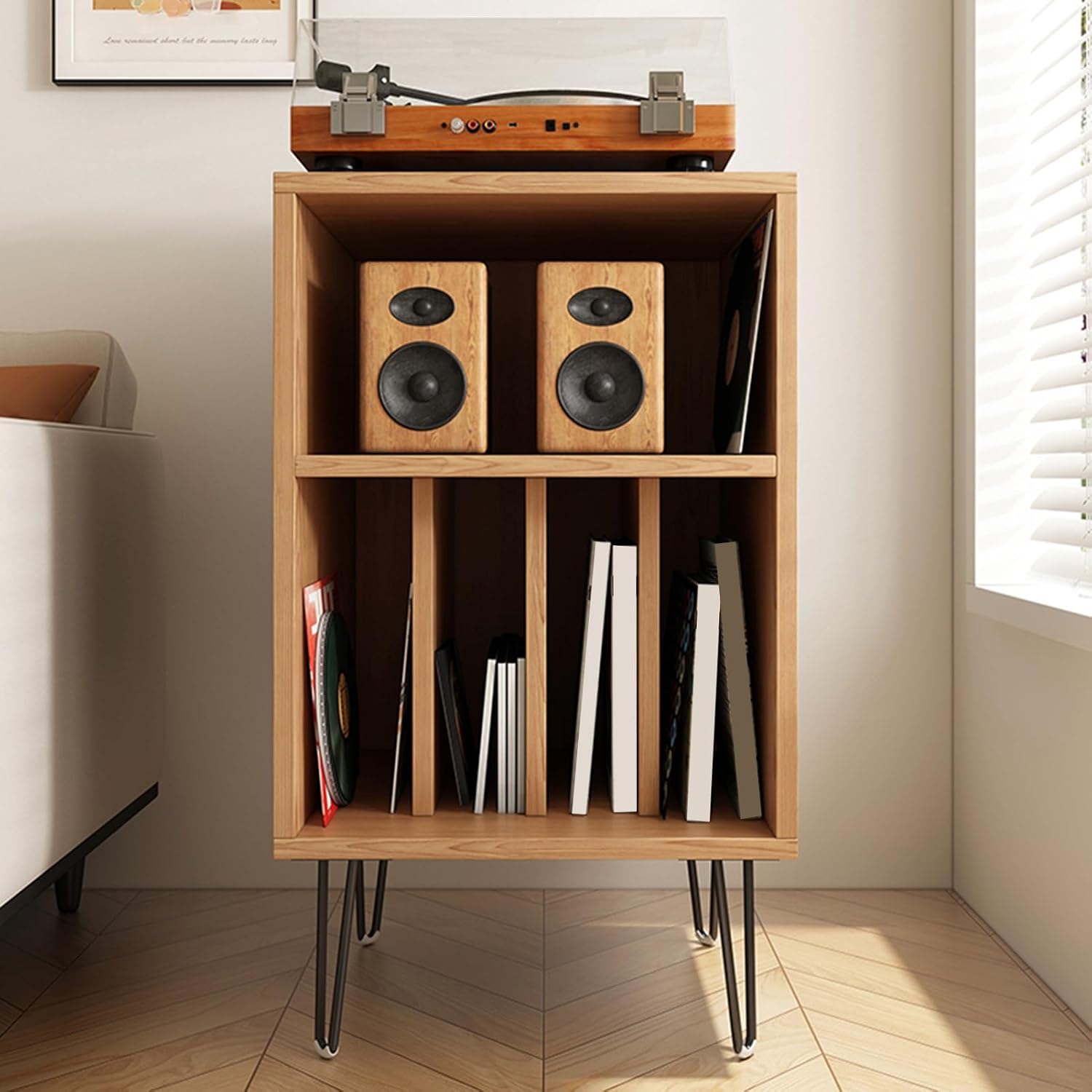 Modern AV Stereo Cabinet & Audio Rack - Stylish Record Player Stand & Media Shelf Storage for Home, Office & Theater - Light Brown Finish