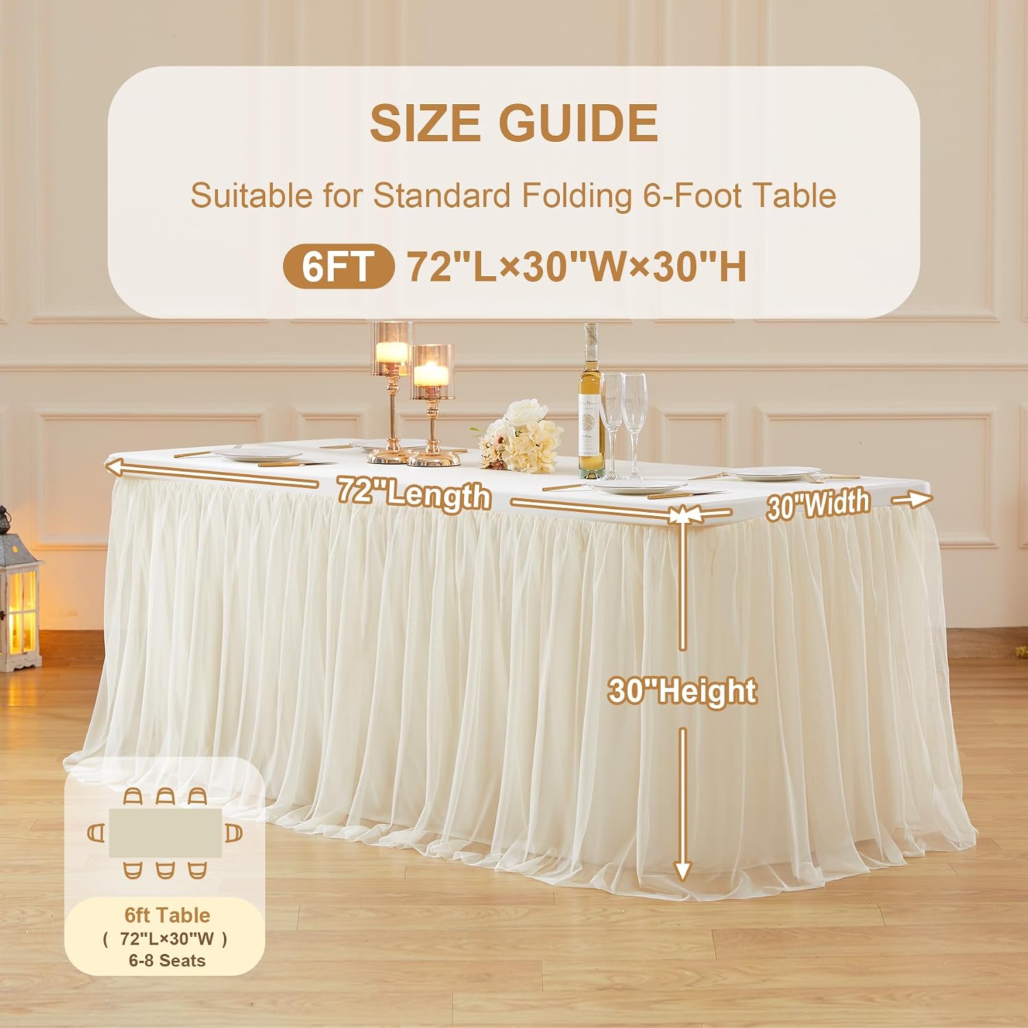 Wish Care 6 Pack Light Champagne Tulle Tablecloth for 6 Foot Rectangle Tables Ruffle Stretch Fitted Table Cloth Tutu Skirt Wrinkle Free Table Cover for Party Wedding Birthday Banquet Cake Tables Decor