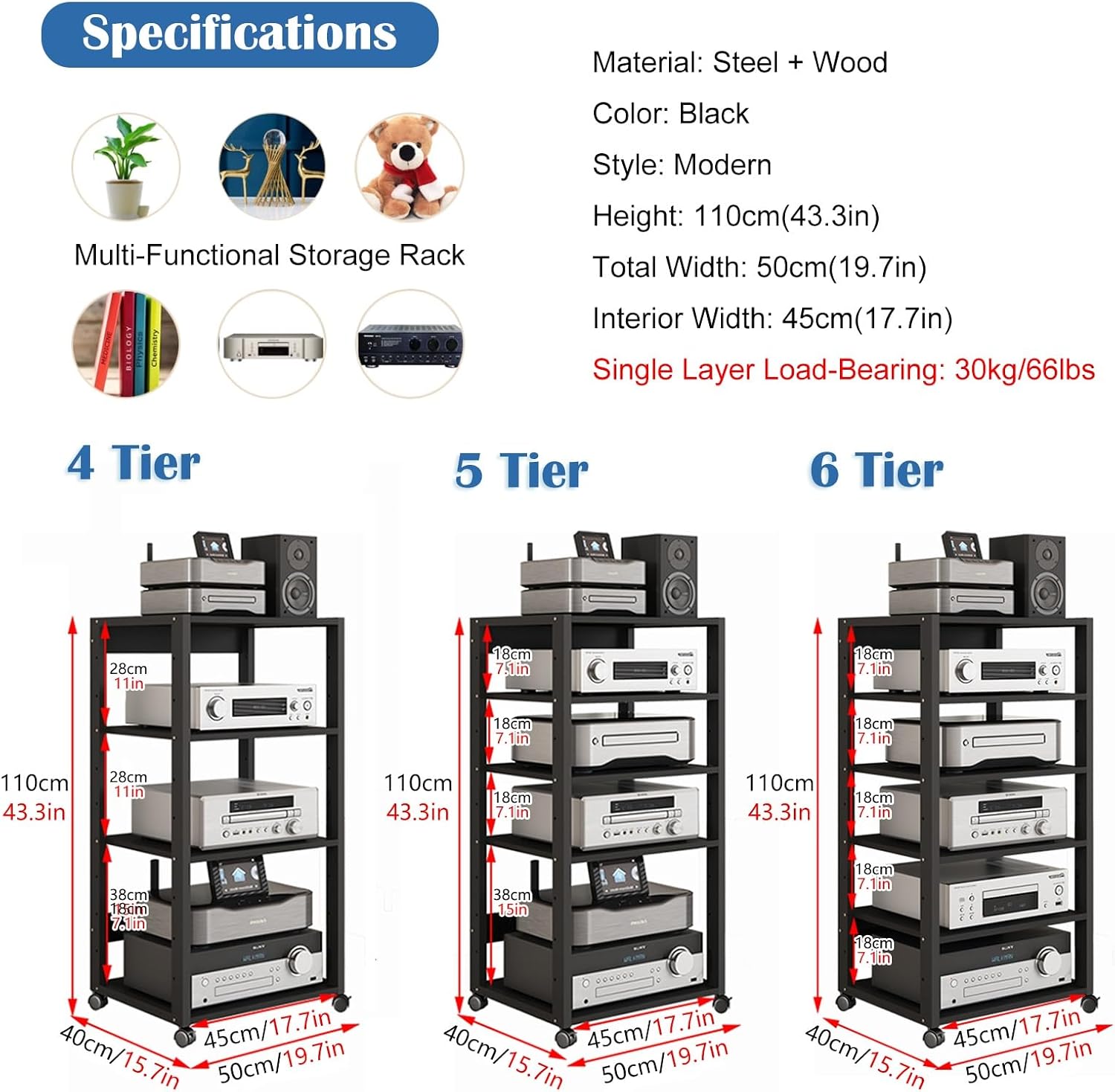 Audio Rack Av Tower Media Stand 5 6 7 Tier Electronics Equipment Shelf, Black Movable Record Player DVD Holder, Entertainment Video Game Console Cabinet Shelf(110cm/43.3in high(5 Tier))