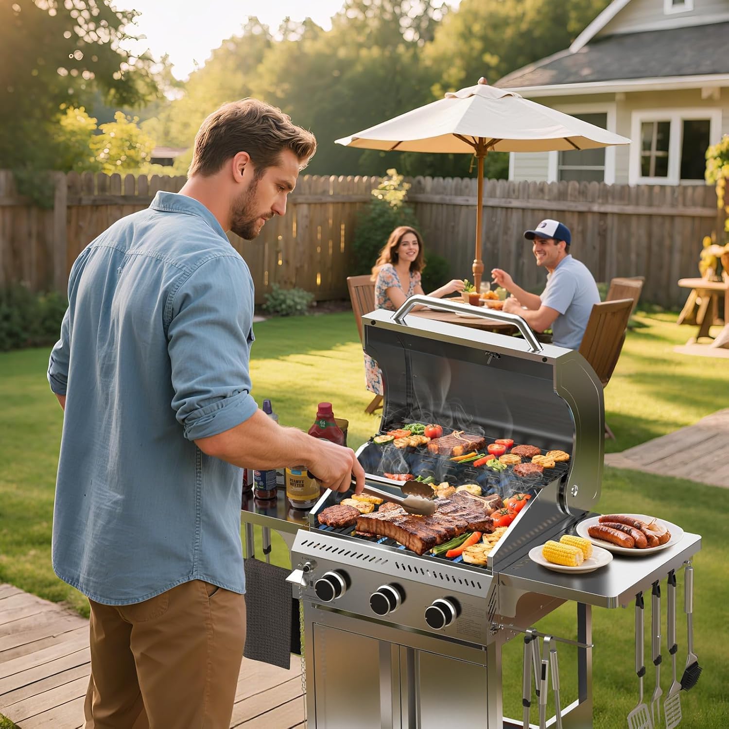 Electactic Propane Gas Grill, 3-Burner 24,000 BTU Stainless Steel BBQ Grill with Foldable Shelf for Outdoor Barbecue and Cooking