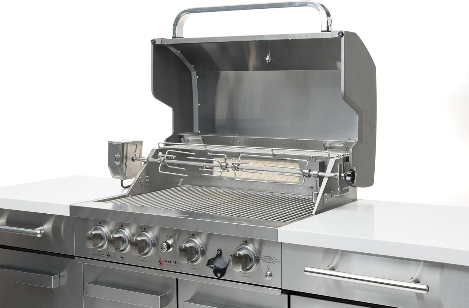 Mont Alpi Premium 70'W x 24'D Stainless Steel Compact Outdoor Kitchen Island with Refrigerator + 32'W 4-Burner BBQ Grill with Infrared Rotisserie Burner + Storage Cabinets + White Granite Countertops