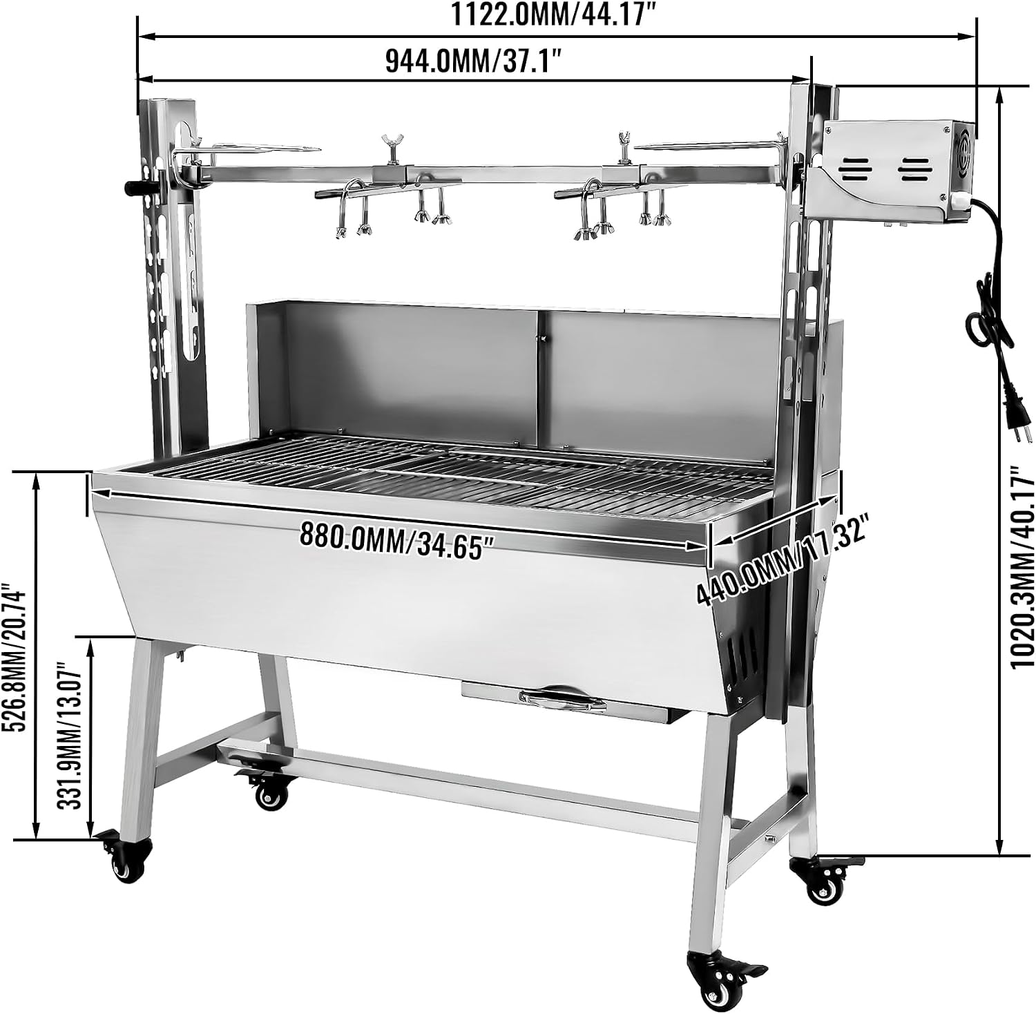 Stainless Steel Rotisserie Grill with Back Cover Guard, 25W Motor Small Pig Lamb Roaster, 37'' 2 in 1 BBQ Charcoal Rotisserie Grill for Camping Outdoor Kitchen