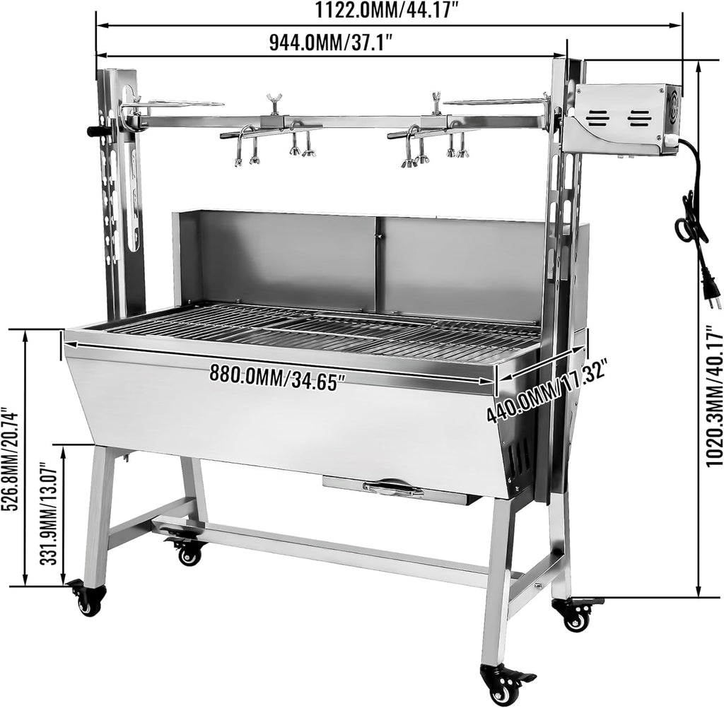 132LBS Stainless Steel Rotisserie Grill Roaster Small Pig Lamb with Back Cover Guard 25W Motor for Camping Outdoor BBQ Silver