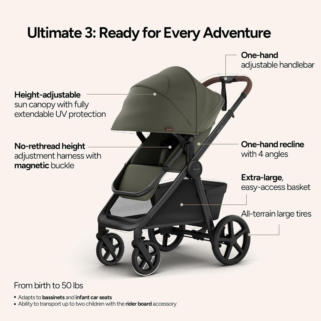 Mompush Ultimate 3 Baby Stroller, Premium Convertible Full-Size Stroller for Toddler to 50 lbs – 11.8' All-Terrain Wheels; Four-Wheel Suspension; Reversible Extendable Seat; One-Second Fold