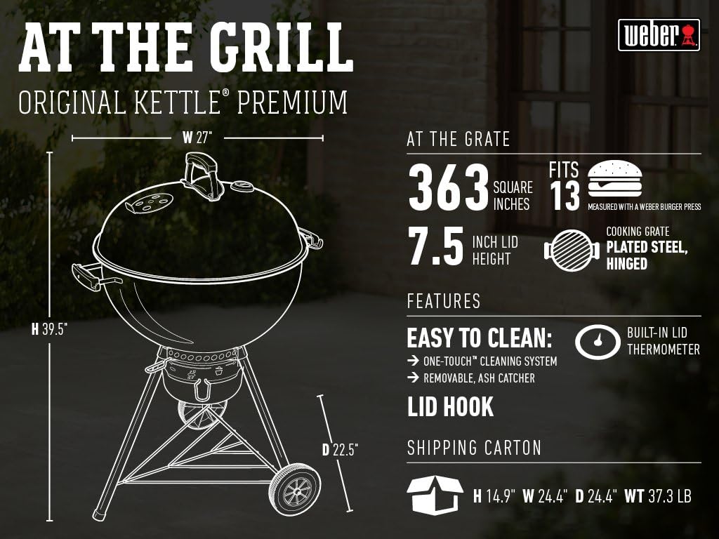 Weber Original Kettle Premium Charcoal Grill, 22-Inch, Black – Outdoor BBQ Grill with Built‑In Thermometer, Heat Control Dampers & One‑Touch™ Cleaning System