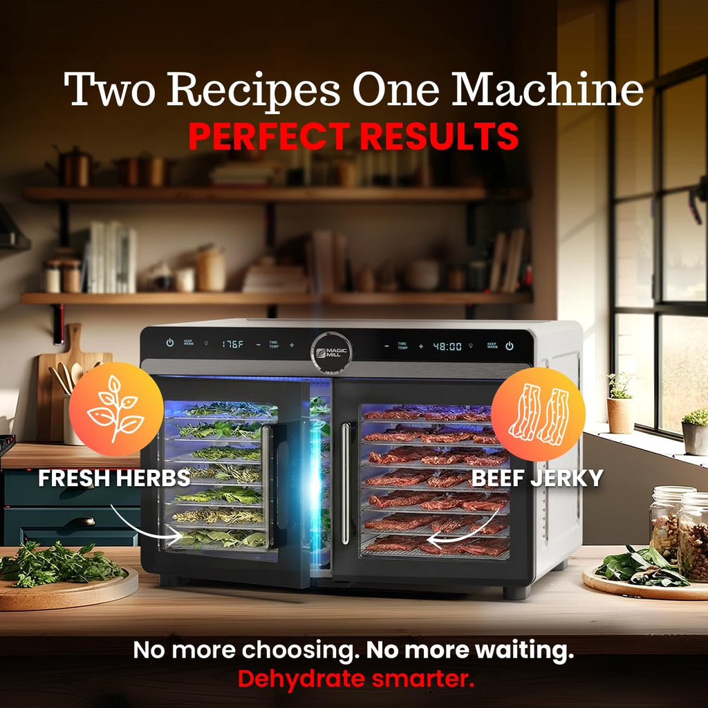 Magic Mill Premium DualZone Food Dehydrator, 16 Stainless Steel Trays with French Doors, Independent Temp Control, Rear Fan, Keep Warm Mode, for Jerky, Fruit, Veggies, Dog Treats, Meal Prep
