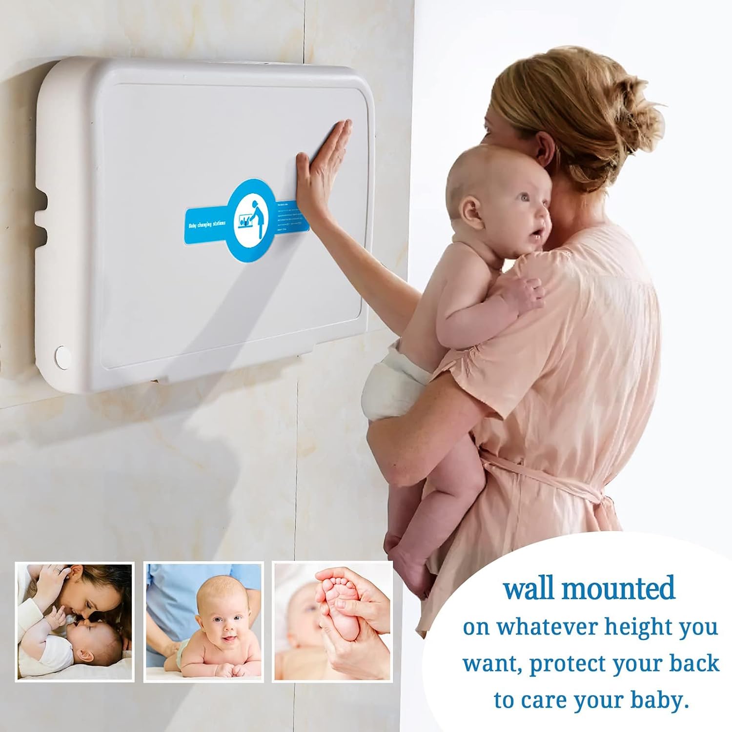 Baby Changing Station Wall Mounted, Baby Changing Table with Safrty Strap, HDPE Fold-Down Diaper Changing Station Table, Foldable Diaper Changing Unit for Commercial Bathroom Restroom