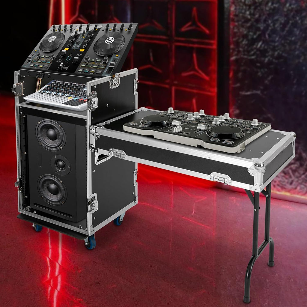 14U PA DJ Rack/Road ATA Case, Network & Stereo Rack with Slant Mixer Tops, Heavy-Duty DJ Work Table Rolling Studio Equipment Cabinet, Amplifier Mixer Storage Stand for Pro Tour Grade, Live Sound