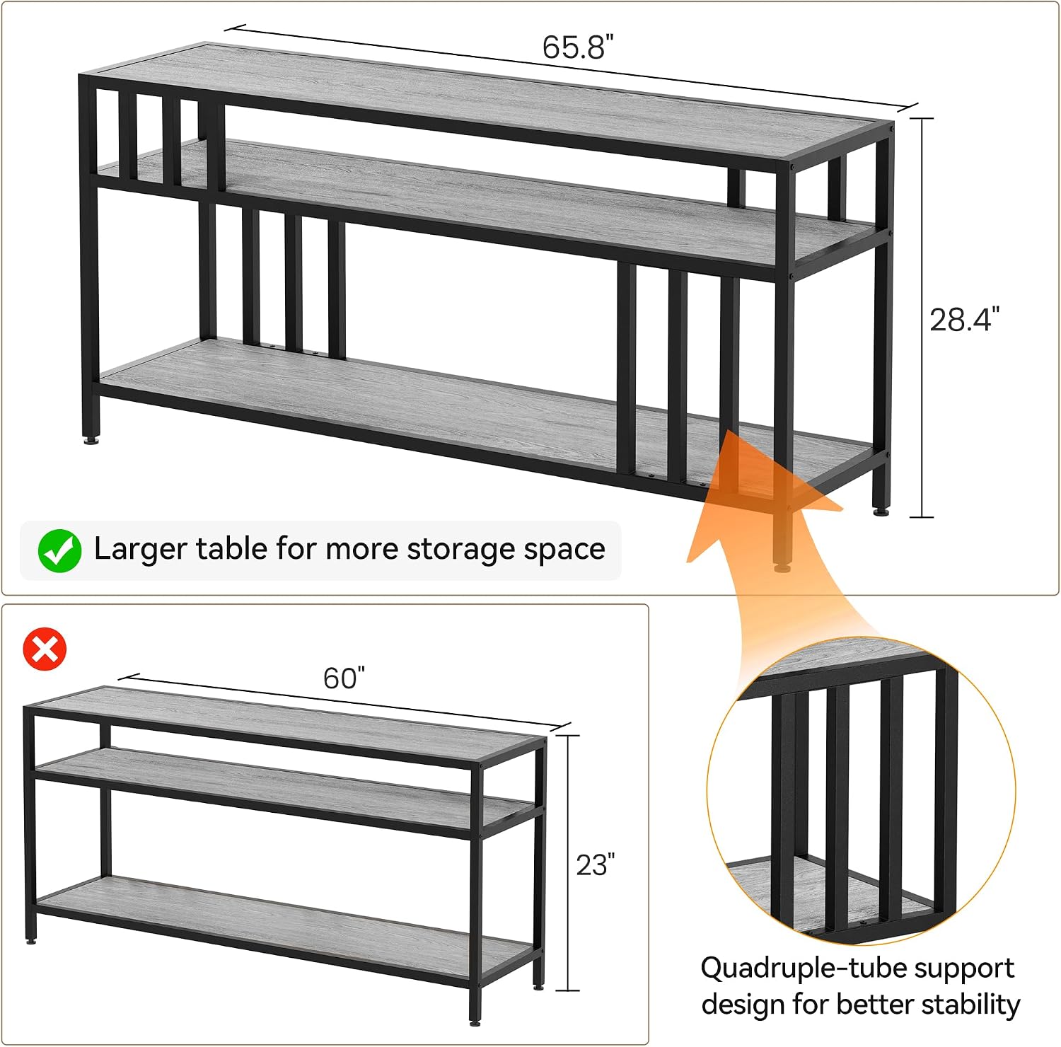 GarveeHome 65 in TV Stand for TV up to 75 in, Entertainment Center with Open Storage Shelves, TV Media Console Table with Quadruple-Tube Support for Living Room, Bedroom - 65 in Grey
