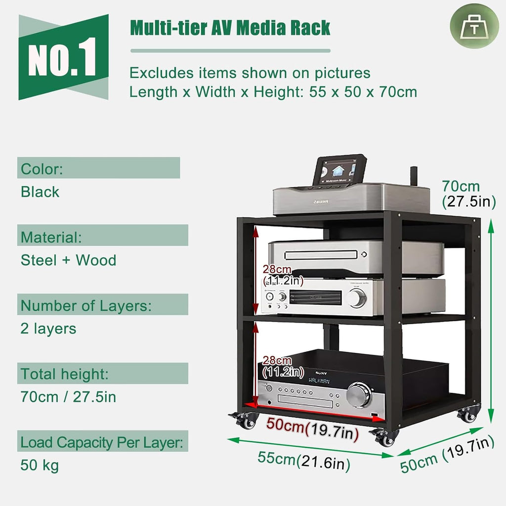 Heavy Duty Media Stereo Stand Equipment Shelf, 1 2 3 4 Layer Black Video Game/DVD Holder, Audio Component Rack Tower for Tv Accessories Record Player Console(H70cm-2Tier)