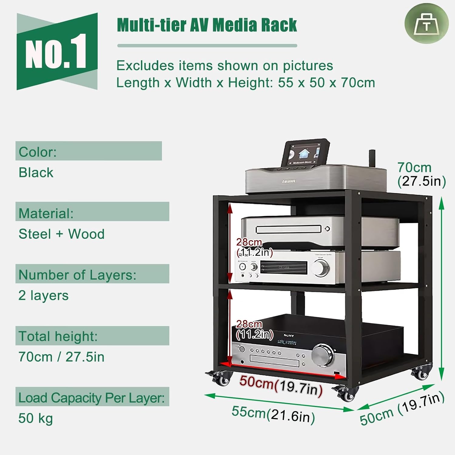 Heavy Duty Media Stereo Stand Equipment Shelf, 1 2 3 4 Layer Black Video Game/DVD Holder, Audio Component Rack Tower for Tv Accessories Record Player Console(H70cm-2Tier)