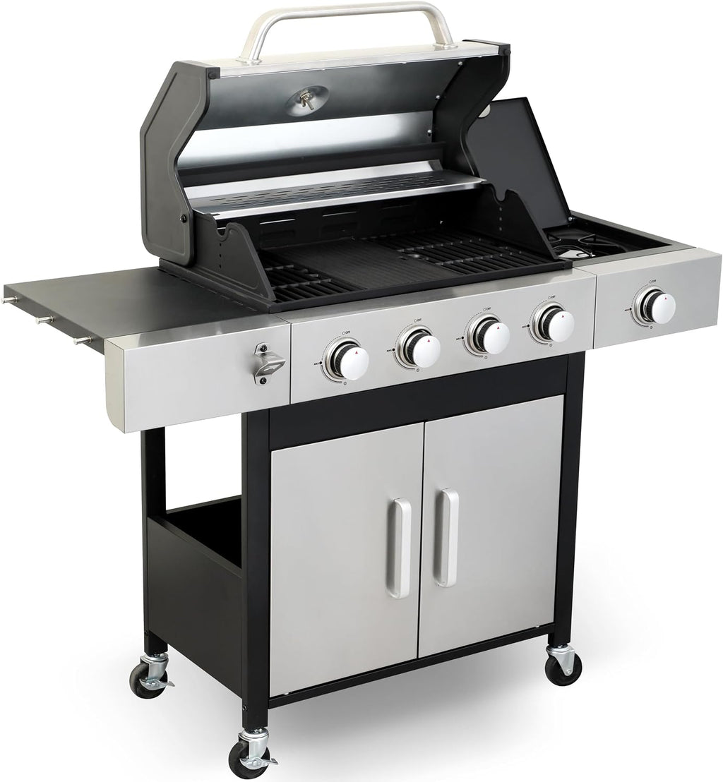 49000 BTU Output Propane Gas Grill with Side Burner and 4 Main Burners - Double-layer Stainless Steel Lid, Cast Iron Grids and Plate, Easy-Clean Grease Management for Perfect BBQs