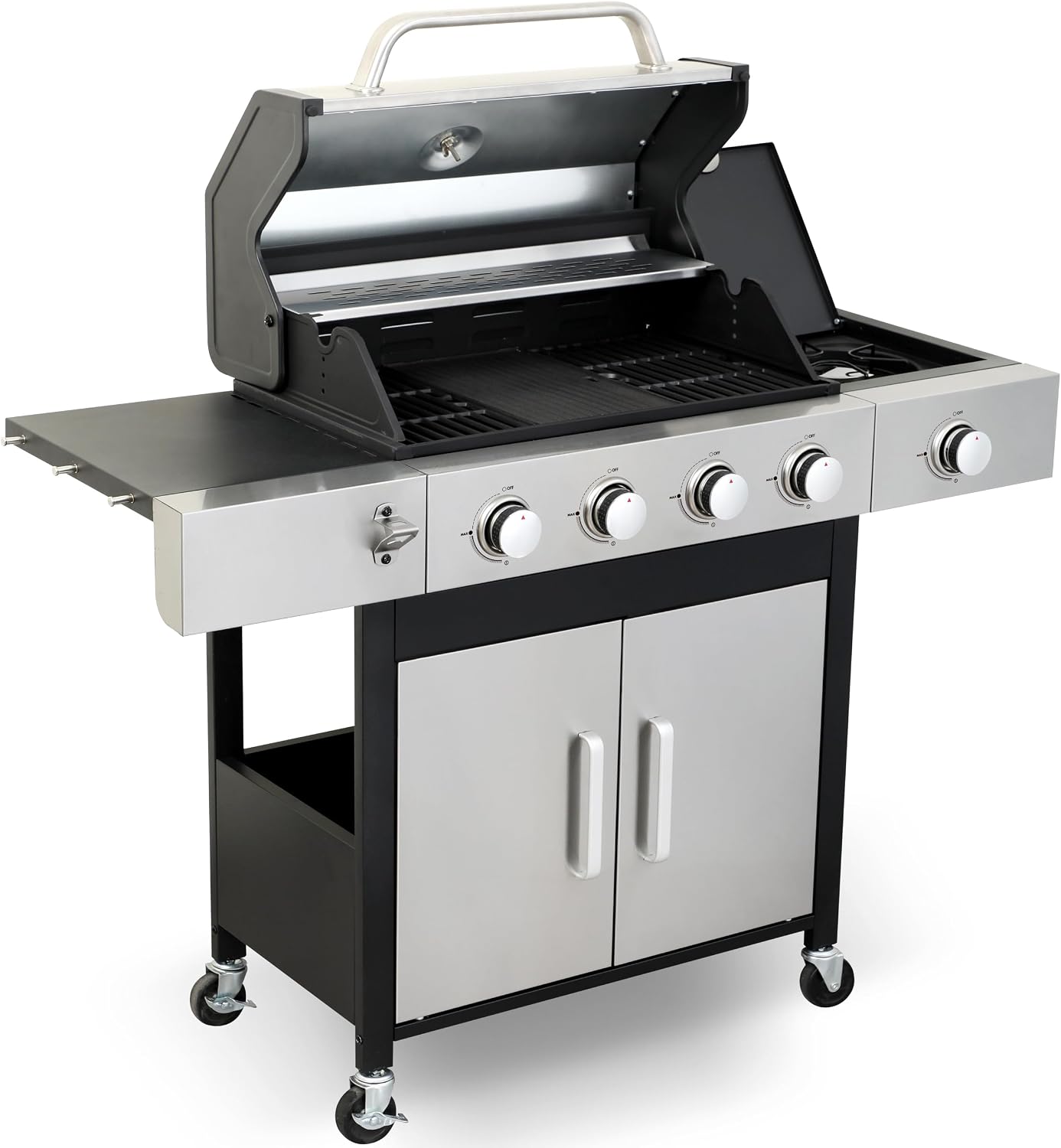 49000 BTU Output Propane Gas Grill with Side Burner and 4 Main Burners - Double-layer Stainless Steel Lid, Cast Iron Grids and Plate, Easy-Clean Grease Management for Perfect BBQs
