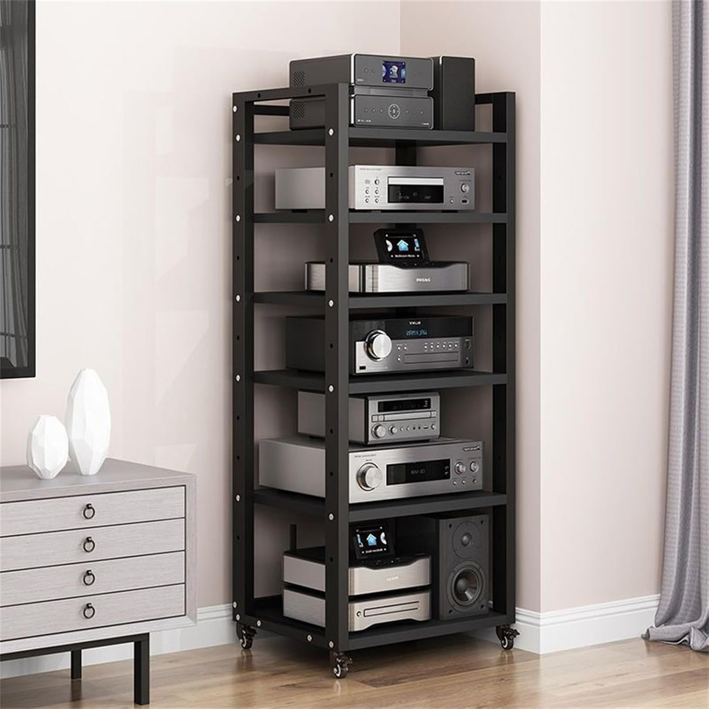 6-Tier AV Media Stand, Adjustable DVD/CD Rack Tower, Movable Audio Equipment Console Shelf for Home Theater & Office, Black, 23.6' Wide, Stylish Storage Solution