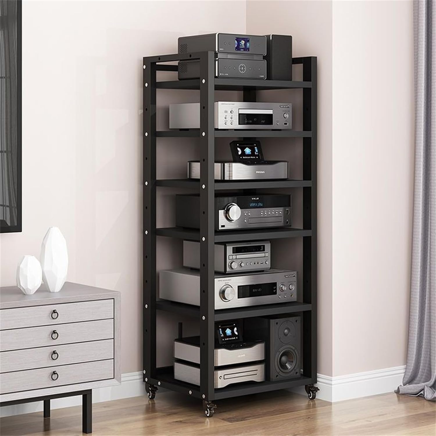6-Tier AV Media Stand, Adjustable DVD/CD Rack Tower, Movable Audio Equipment Console Shelf for Home Theater & Office, Black, 23.6' Wide, Stylish Storage Solution