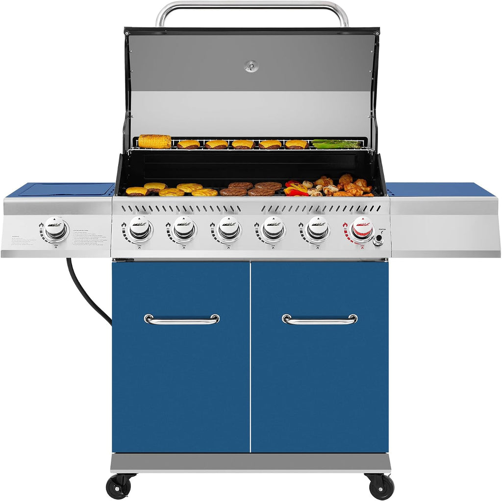 Royal Gourmet GA6402B 6 Burner Propane Gas Grill with Side Burner and Warming Rack, 74,000 BTUs, Cabinet Style Gas BBQ Grill for Barbecue Grilling & Backyard Cooking, Blue