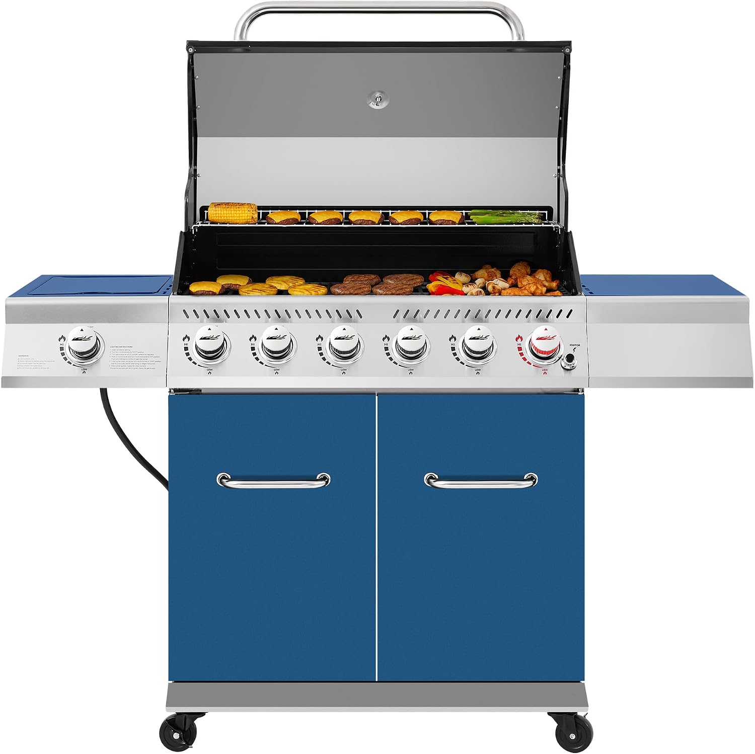 Royal Gourmet GA6402B 6 Burner Propane Gas Grill with Side Burner and Warming Rack, 74,000 BTUs, Cabinet Style Gas BBQ Grill for Barbecue Grilling & Backyard Cooking, Blue