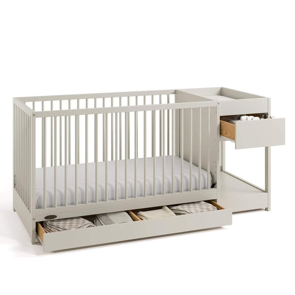 Graco Teddi 5-in-1 Convertible Crib & Changer with Drawer – GREENGUARD Gold Certified Baby Crib Crafted from Wood, Converts to Toddler Bed, Daybed, and Full-Size Bed (Frosted Oat)