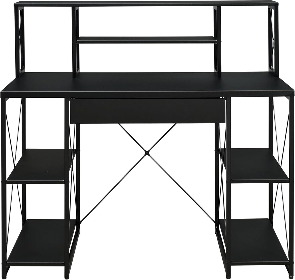 AMNOOL Office Desk with Open Shelves - Stylish Wood Recording Studio Workstation with Drawer and Compartments for Audio Equipment, Cables, and Accessories (Black)