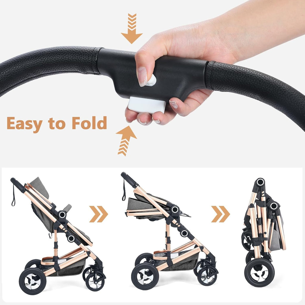 TODEFULL Convertible Baby Stroller, 3 in 1 Folding Infant Stroller, High Landscape Pushchair w/Adjustable Backrest & Canopy, Newborn Pram with Foot Cover, Storage Basket, Grey