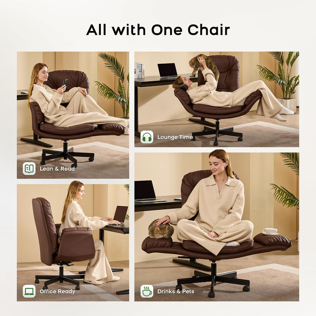 amseatec Criss Cross Chair with Armrests & Wheels for Cross-Legged Sitting, Comfortable Adjustable Swivel Office Desk Chair –PU Leather Vanity Chair for Home, Makeup and Bedroom (Brown)