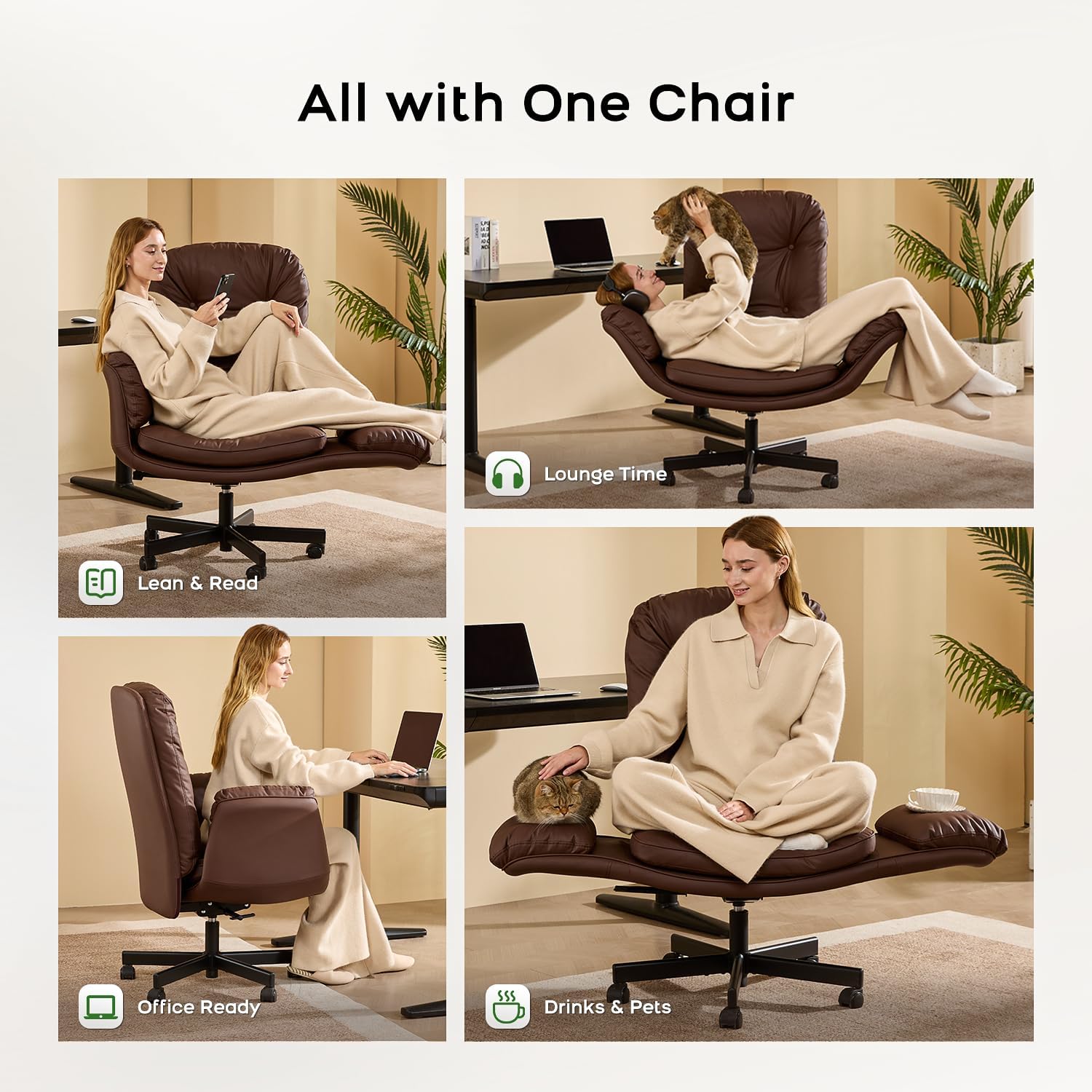 amseatec Criss Cross Chair with Armrests & Wheels for Cross-Legged Sitting, Comfortable Adjustable Swivel Office Desk Chair –PU Leather Vanity Chair for Home, Makeup and Bedroom (Brown)