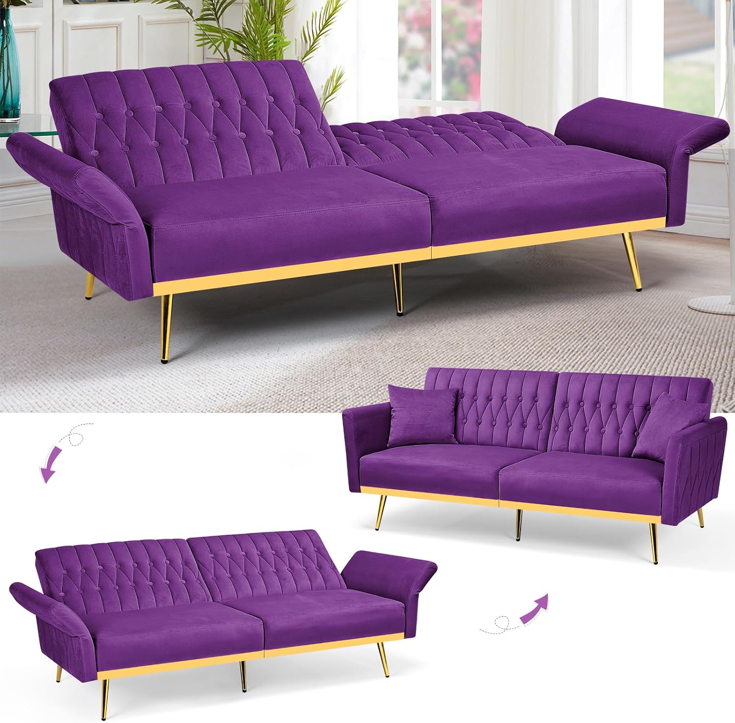 70' Velvet Futon Sofa Bed with 2 Pillows and Adjustable Armrests, Convertible Sleeper Bed W/Adjustable Backrests, Modern Loveseat for Living Room, Bedroom, Purpel