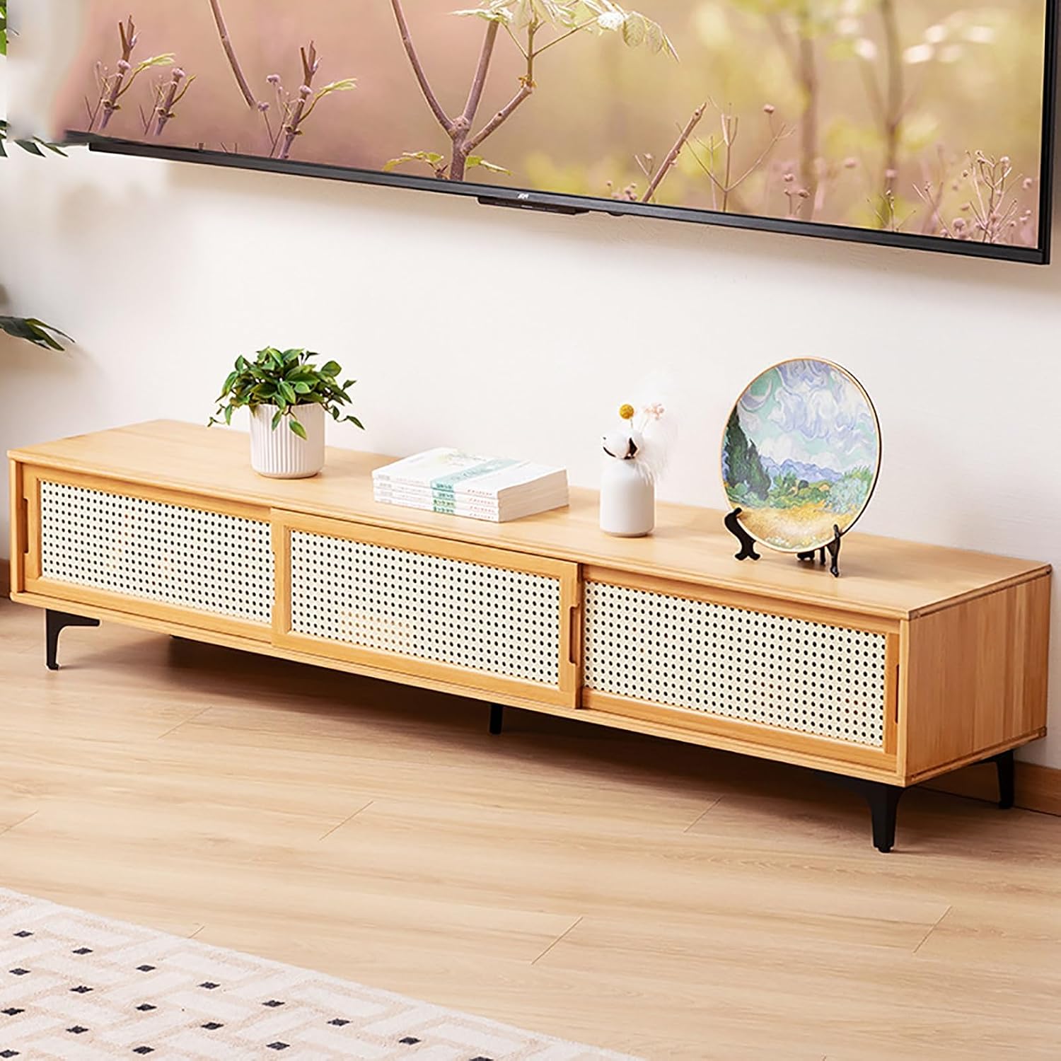 Bamboo TV Stand with Sliding Door, Storage Low Cabinet, Home Audio and Video Entertainment Equipment Control Center, for 32-65 Inch TVs (Color : Natural, Size : 160CM/63IN_Three Doors)