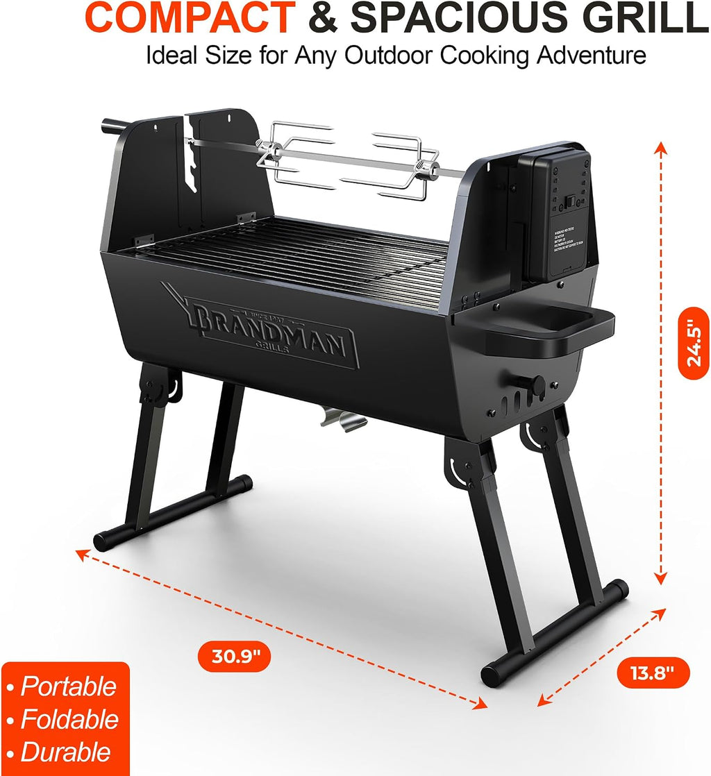 BRANDMAN GRILLS SINCE 1987 Rotisserie Grill Charcoal BBQ Grill 2-in-1 Portable Foldable Outdoor Grill 257 sq.in. Charcoal Spit Rotisserie Grill for Whole Chicken Steaks Burger Camping Picnic Gathering