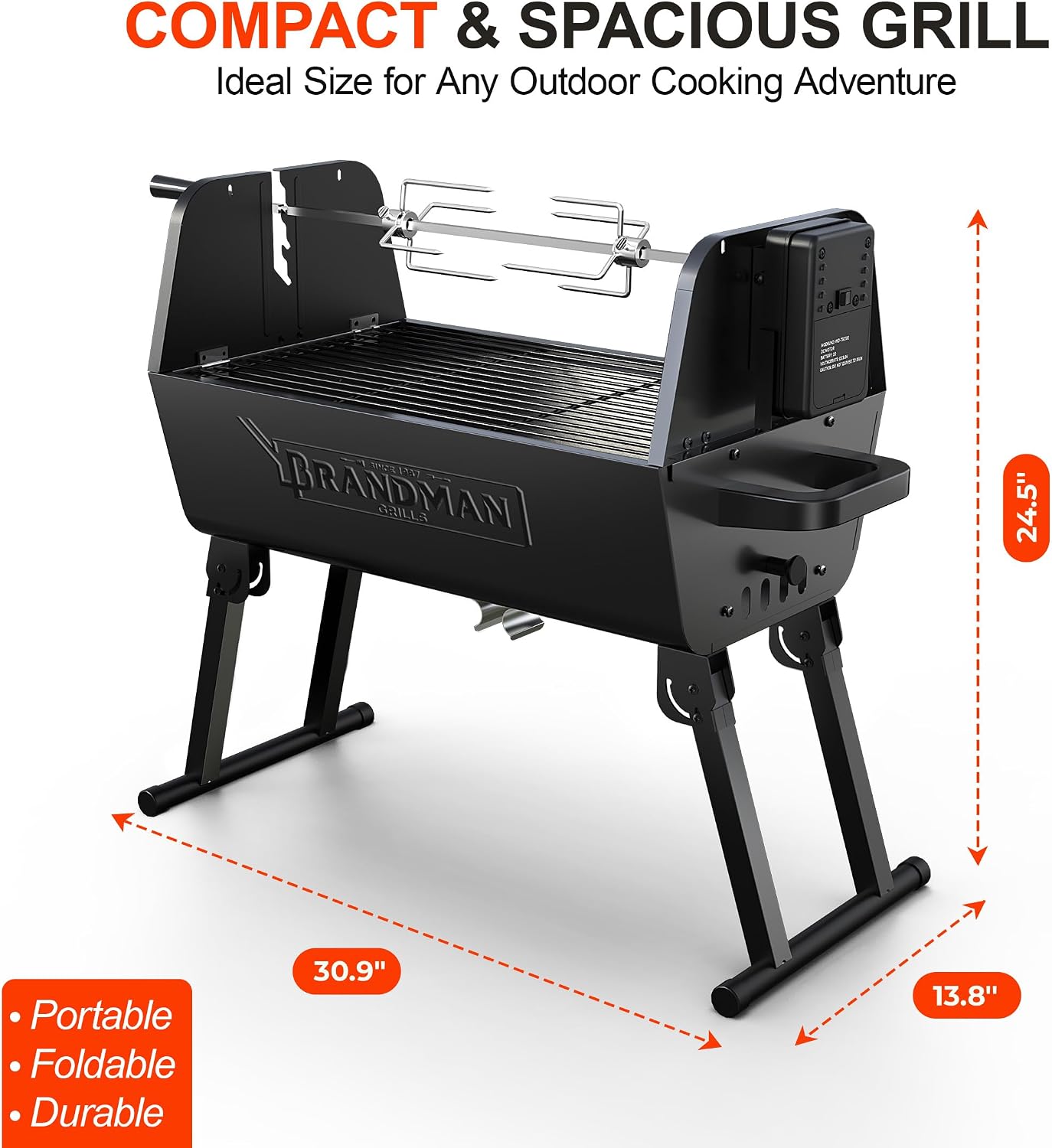 BRANDMAN GRILLS SINCE 1987 Rotisserie Grill Charcoal BBQ Grill 2-in-1 Portable Foldable Outdoor Grill 257 sq.in. Charcoal Spit Rotisserie Grill for Whole Chicken Steaks Burger Camping Picnic Gathering