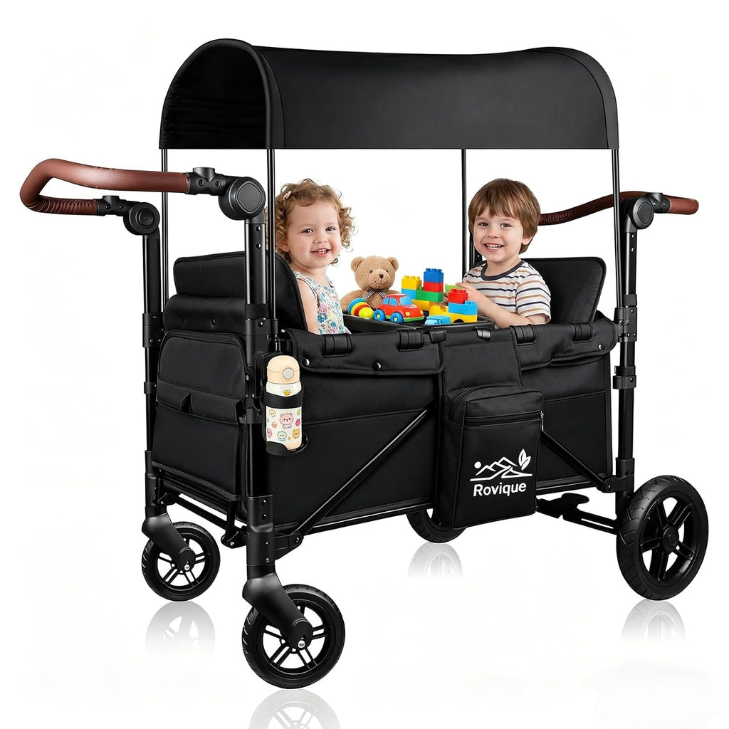 Wagon Stroller for 2 Kids, All-Terrain Stroller Wagon with Extra Long Extender, Aluminum Foldable Baby Wagon with Convertible Seats, Removable Canopy, Snack Tray, Adjustable Push/Pull Handle