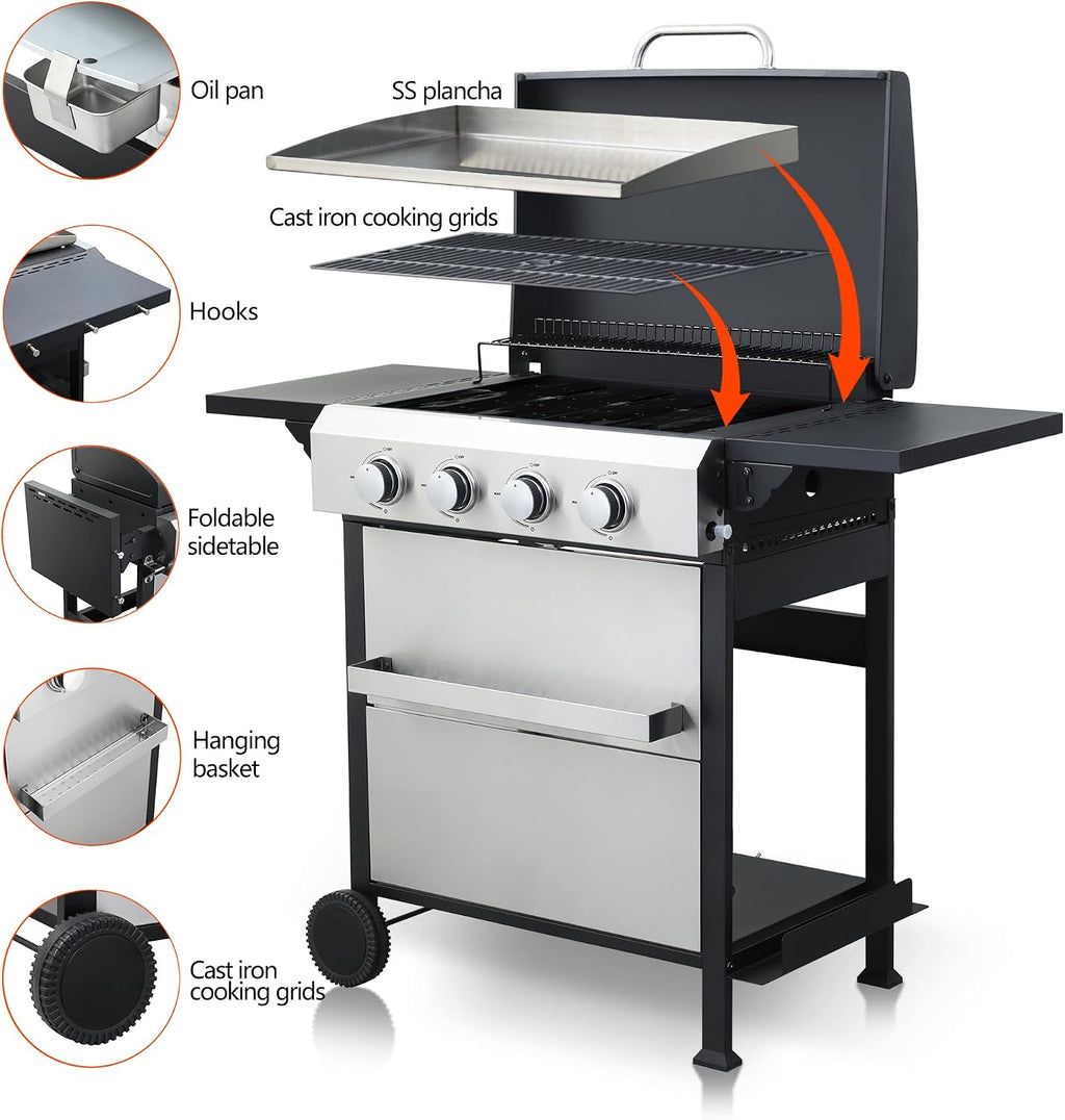 4-Burner Propane Gas BBQ Grill, SS Plancha, 49200BTU Output With Wire Enamel Cooking Grids For Outdoor Barbecue, Foldable Side Table, Hanging Basket, Stainless Steel
