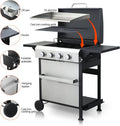 4-Burner Propane Gas BBQ Grill, SS Plancha, 49200BTU Output With Wire Enamel Cooking Grids For Outdoor Barbecue, Foldable Side Table, Hanging Basket, Stainless Steel