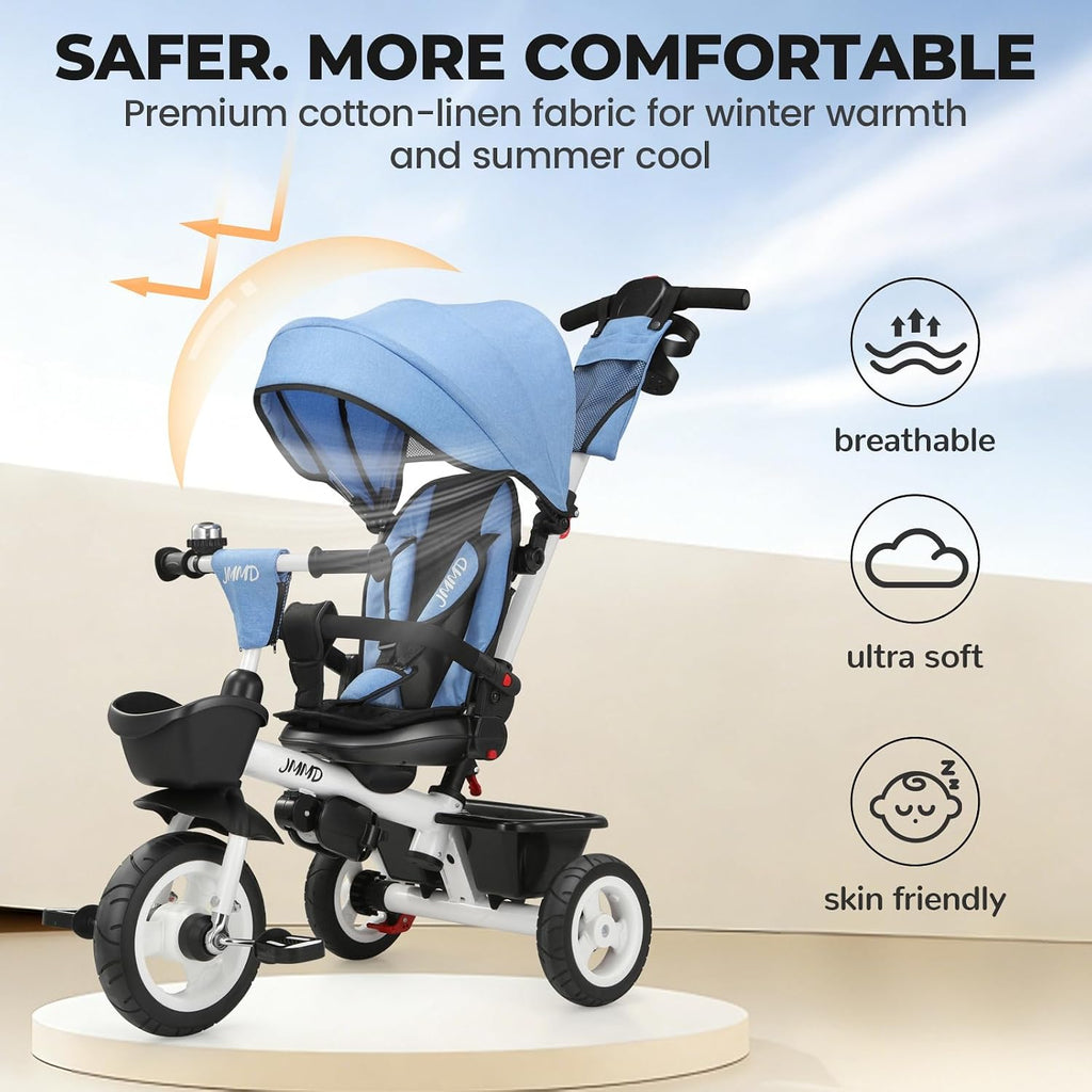 JMMD 7 in 1 Tricycle Stroller with Push Handle, Baby Trike with 360° Swivel Seat, Reclining Backrest, All-Terrain Wheels, Dual Brakes, Canopy & Storage, Gift for Kids 18 Months to 5 Years, Blue