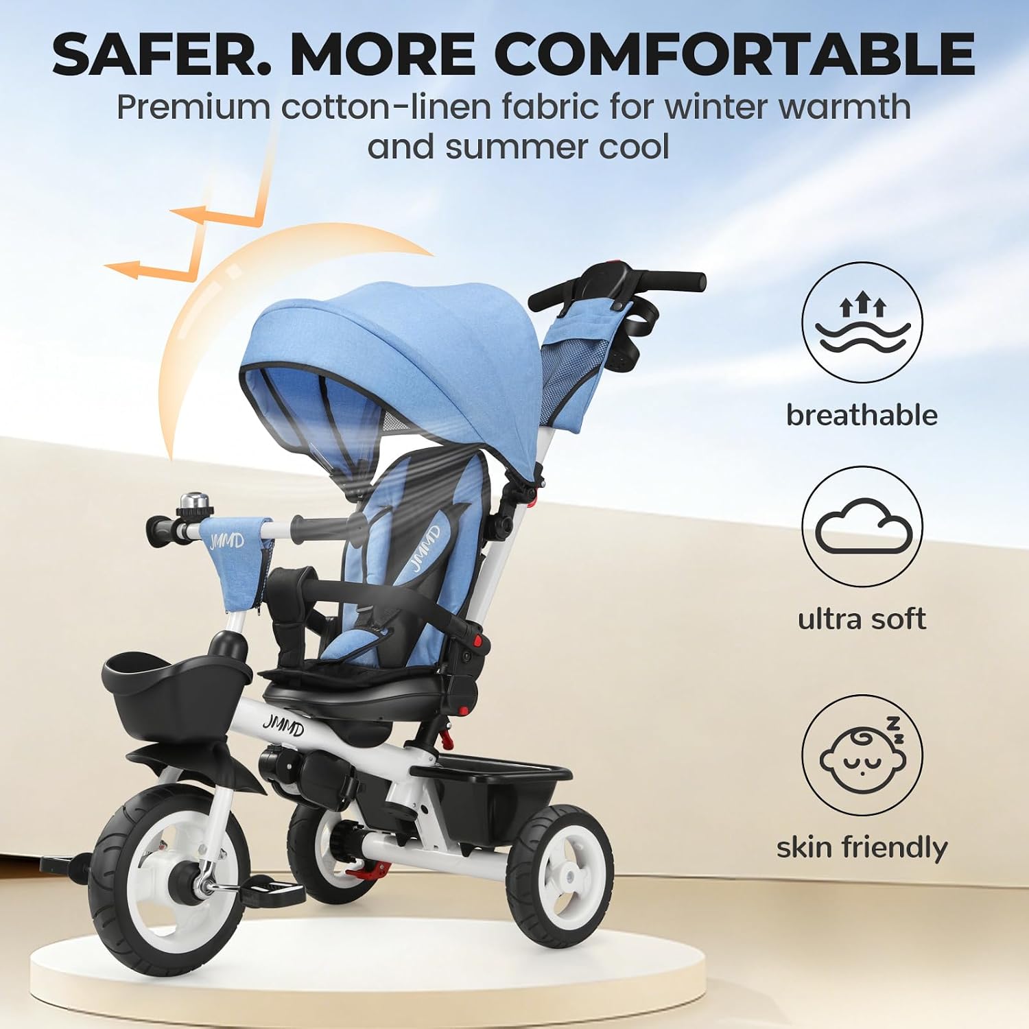 JMMD 7 in 1 Tricycle Stroller with Push Handle, Baby Trike with 360° Swivel Seat, Reclining Backrest, All-Terrain Wheels, Dual Brakes, Canopy & Storage, Gift for Kids 18 Months to 5 Years, Blue