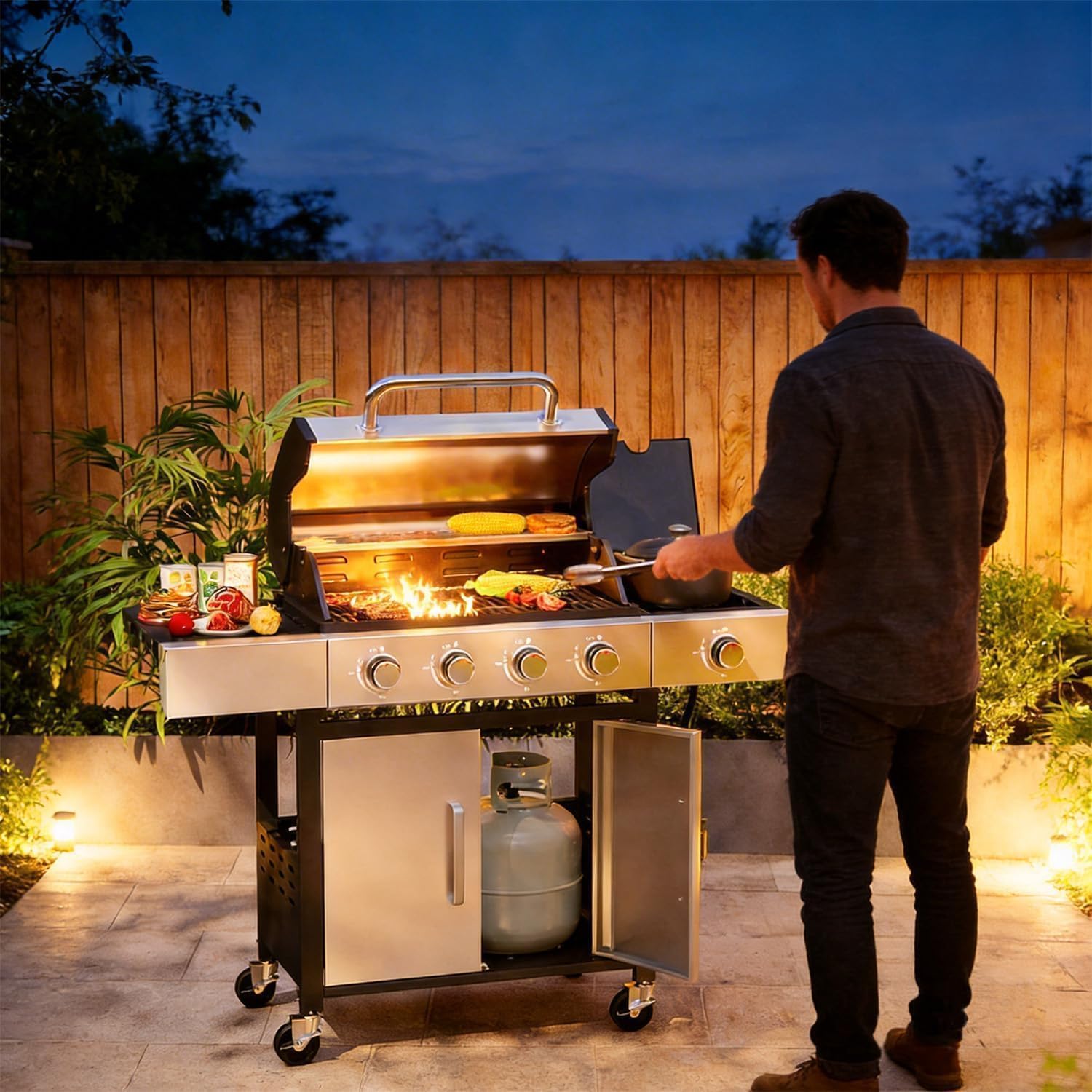 Aoxun 4-Burner Propane Grill with Side Burner, 49000 BTU Gas Grill, Stainless Grill with Cast Iron Grates & Side Tables for Backyard, Patio, Camping, Black and Silvery