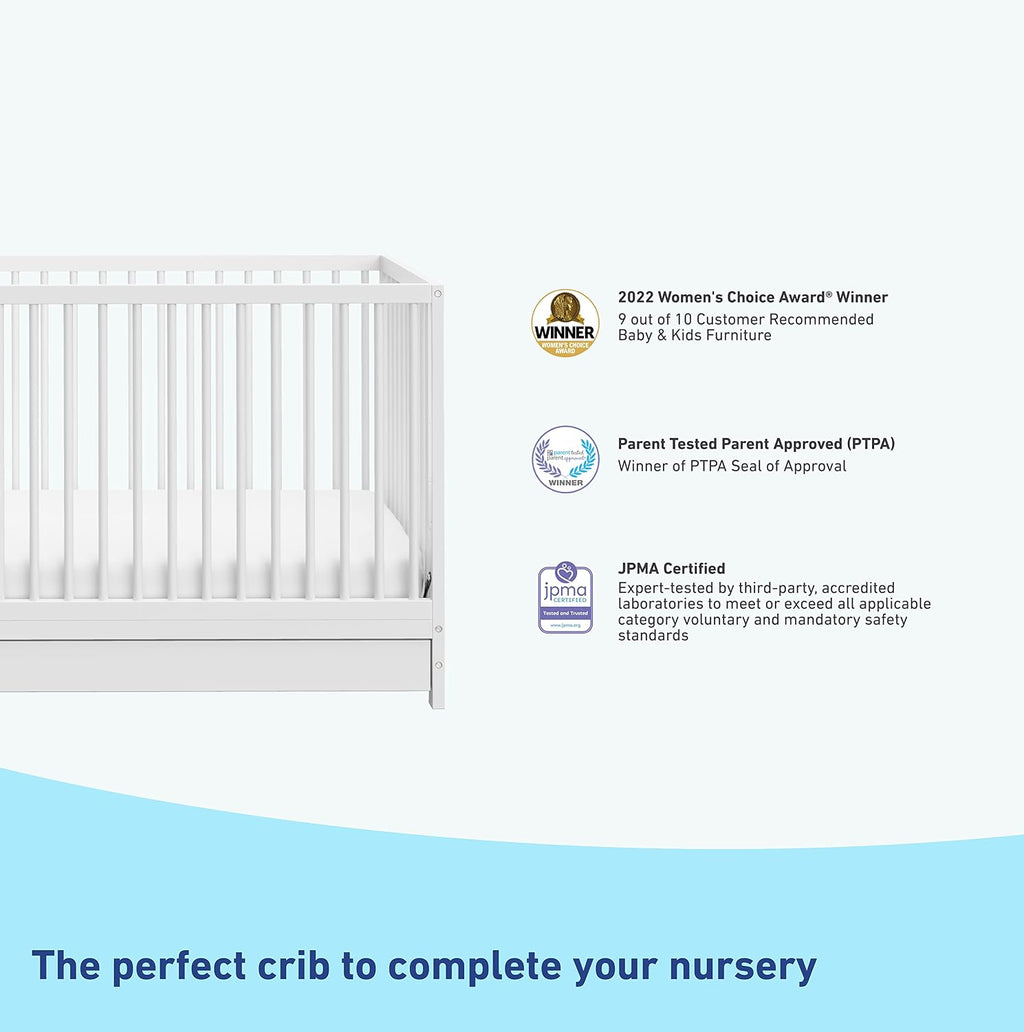 Graco Teddi 5-in-1 Convertible Crib with Drawer – GREENGUARD Gold Certified, Full-Size Nursery Storage Drawer, Baby Crib Converts to Toddler Bed, Daybed and Full-Size Bed (White)