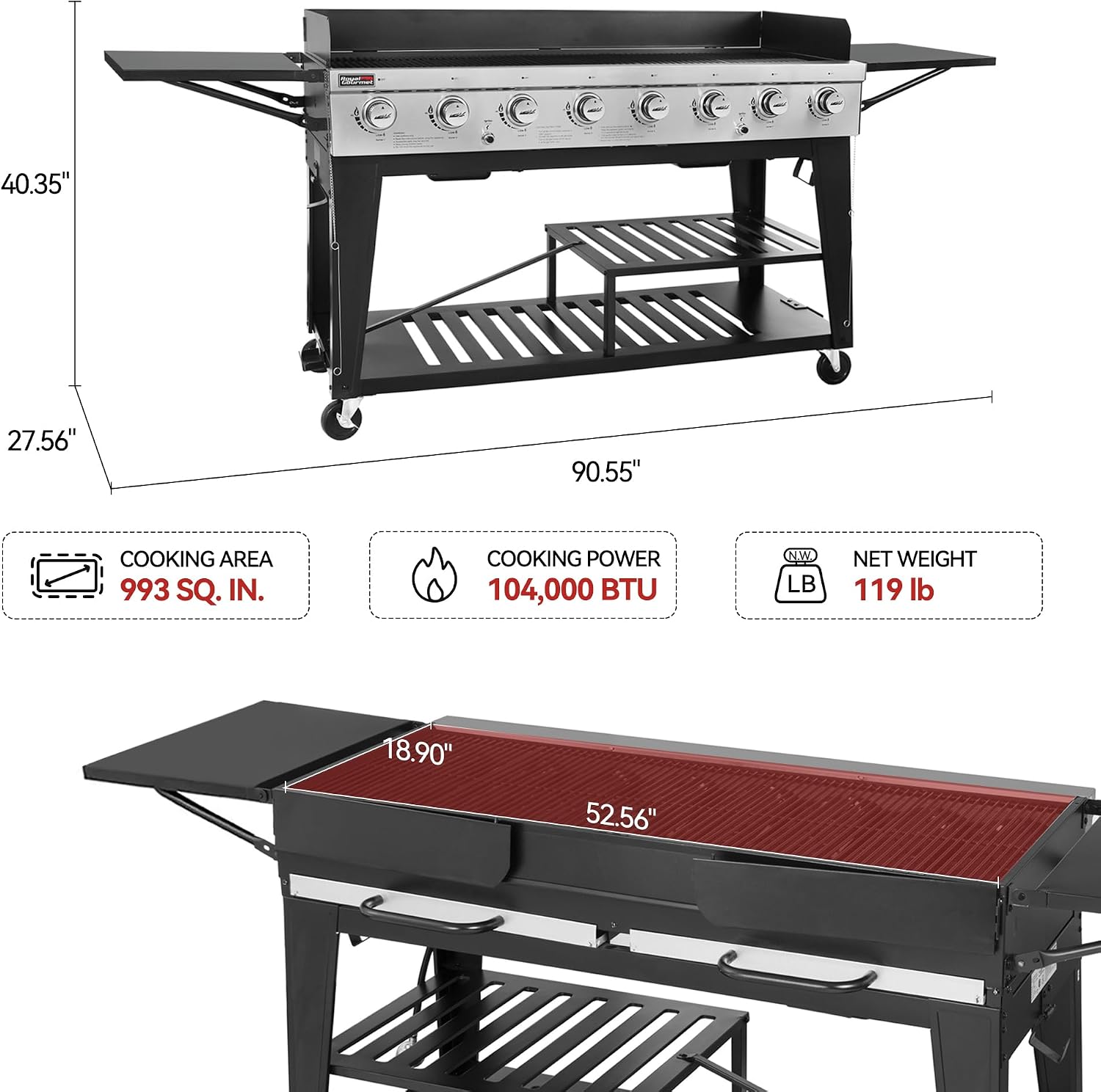 Royal Gourmet 8-Burner Gas Grill, 104,000 BTU Liquid Propane Grill, Independently Controlled Dual Systems, Outdoor Party or Backyard BBQ, Black