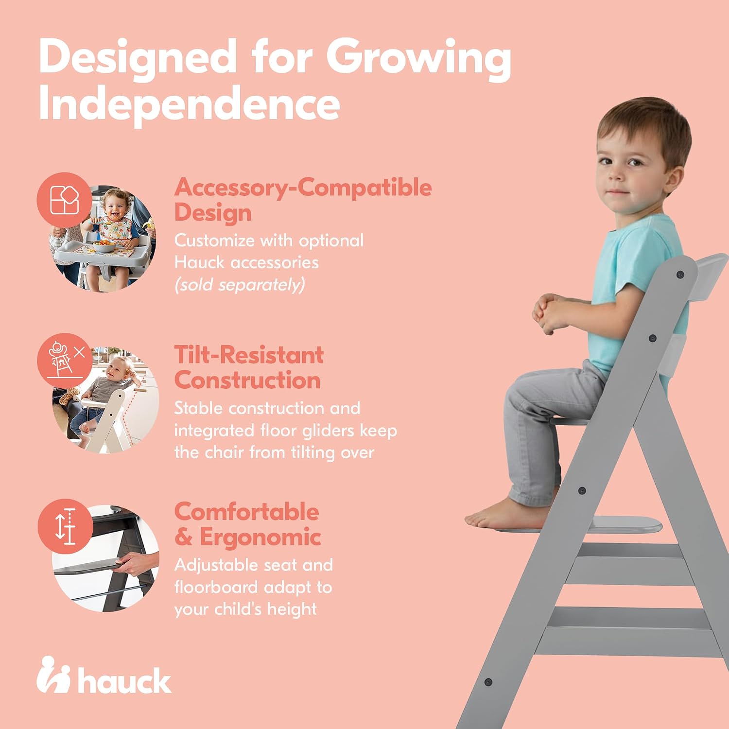 hauck Alpha+ Grow Along Seat Solid Beechwood Booster Chair with Adjustable Seat, 5 Point Safety Harness, & Bumper Bar for Infants & Toddlers, Grey