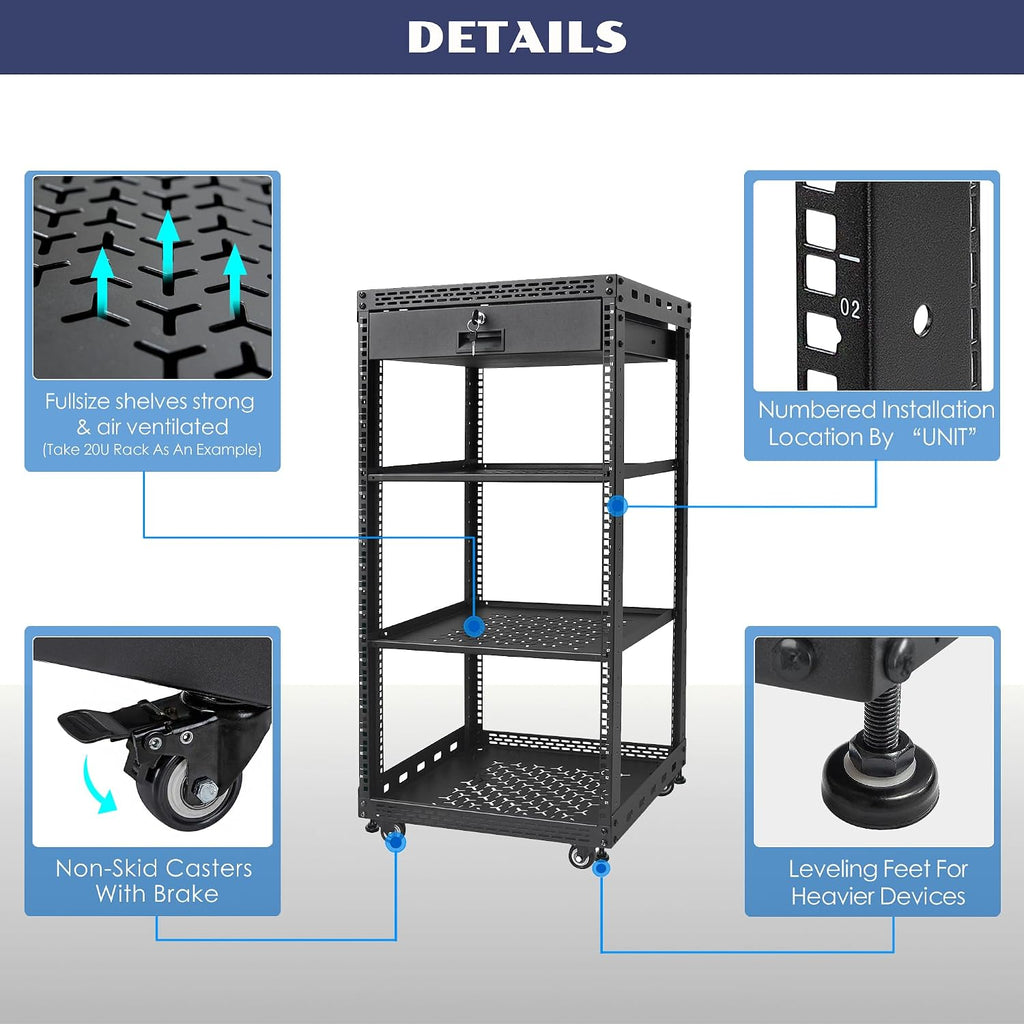 20U Server Rack Cabinet with Drawer & 2 PCS Full Size Rack Shelves - Integrated Top/Bottom Panels, 4 Rolling Wheels for 19' Equipment & Home Lab Studio
