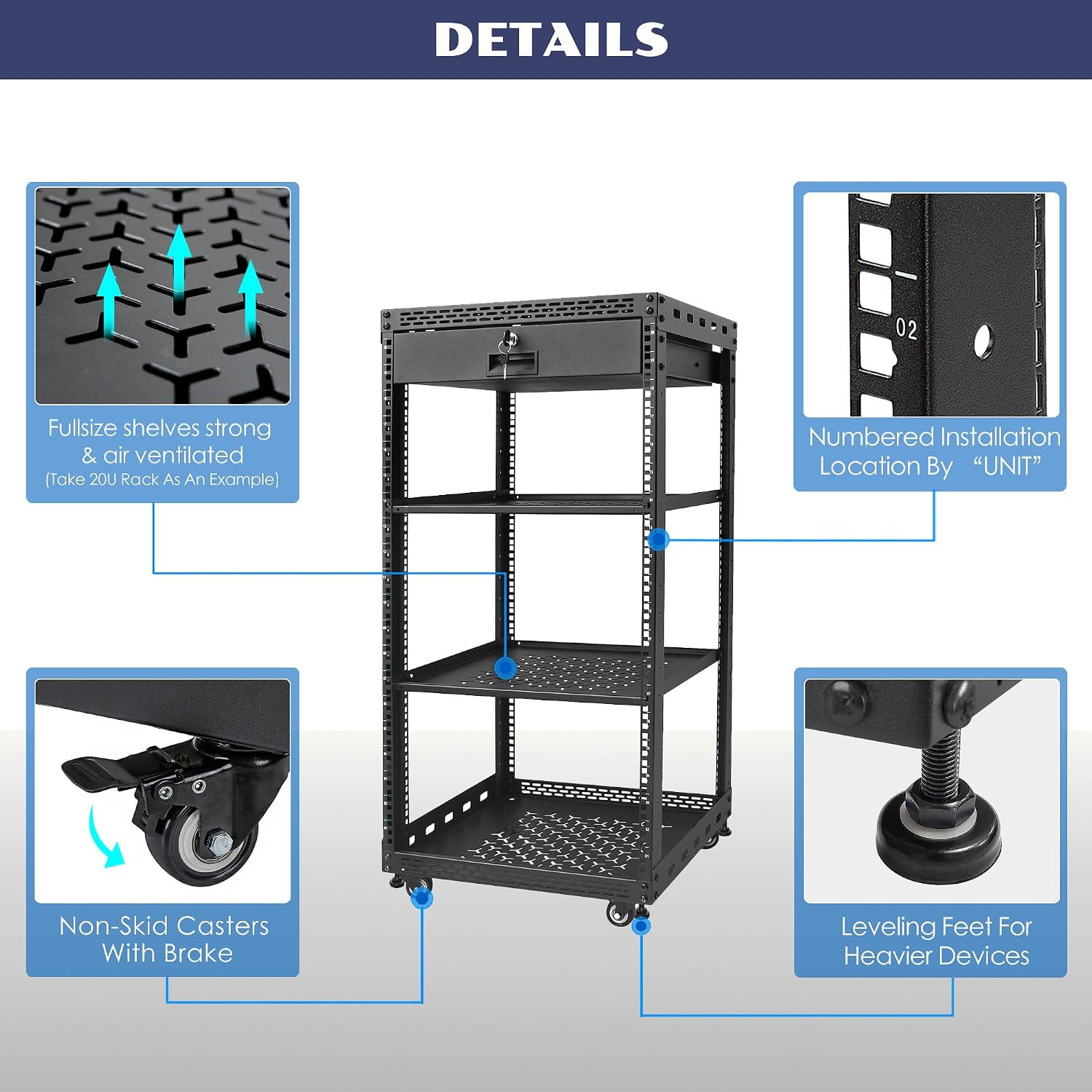20U Server Rack Cabinet with Drawer & 2 PCS Full Size Rack Shelves - Integrated Top/Bottom Panels, 4 Rolling Wheels for 19' Equipment & Home Lab Studio
