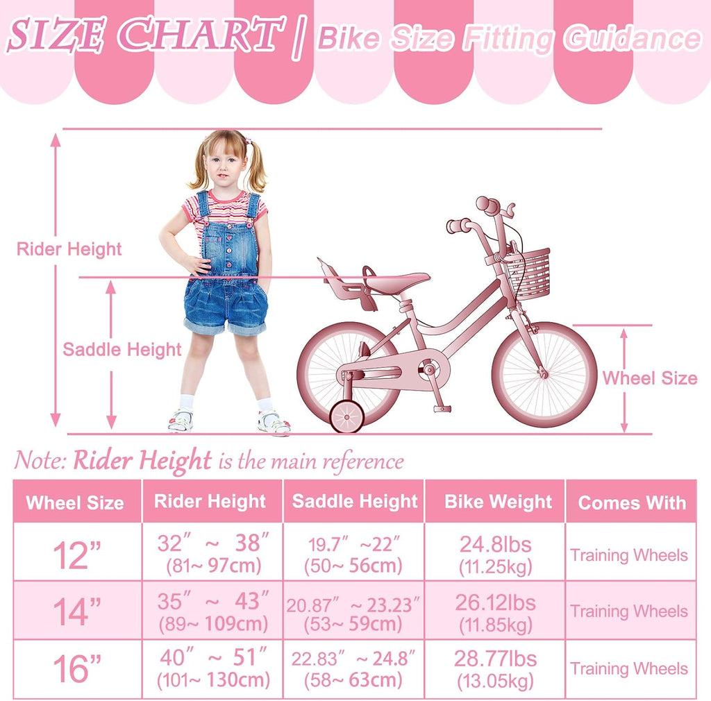 Glaf Toddler Girls Bike for Age 2-9 Years Old 12 14 16 Inch Girls Bike with Training Wheels and Doll Seat Kids Bike Bicycle with Basket