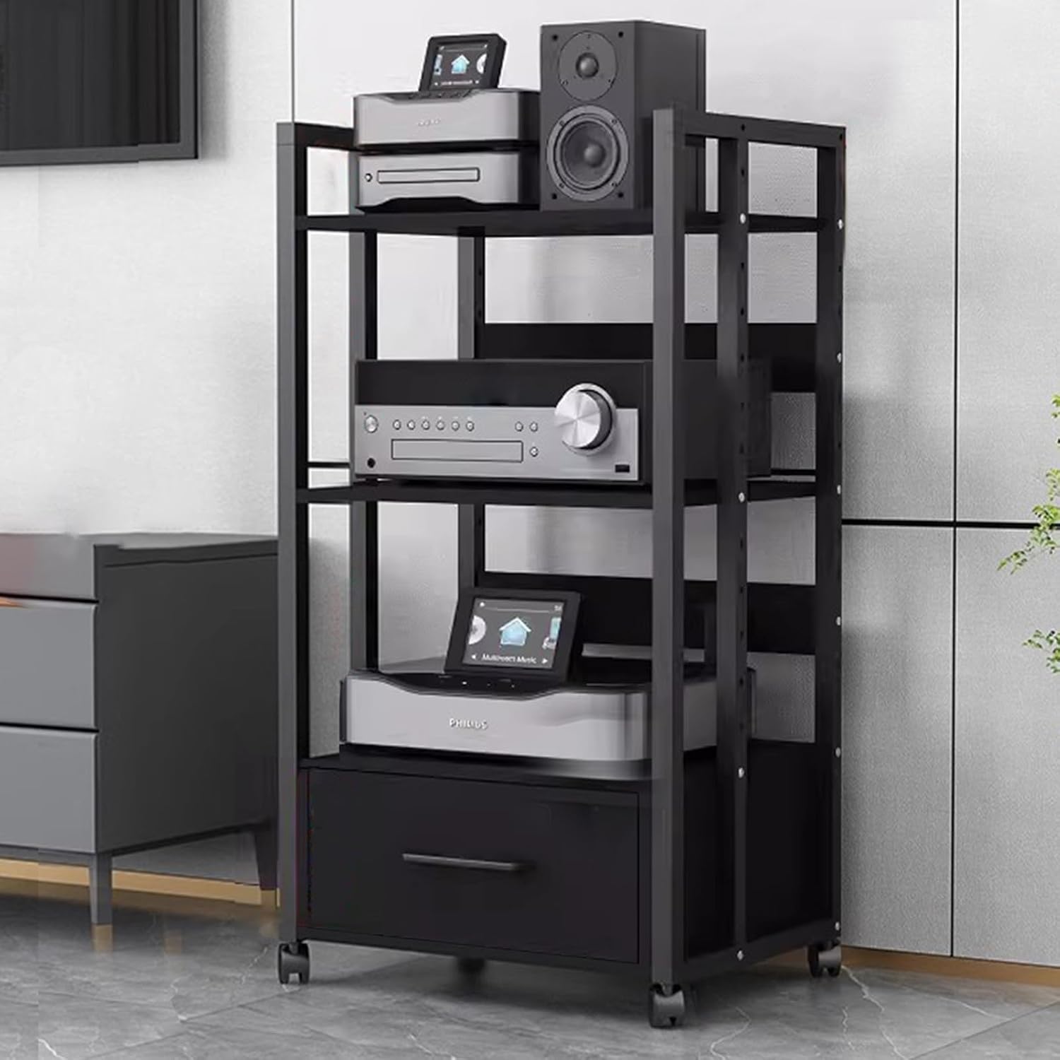 WDJBPSH Tall Stereo Entertainment Rack Tower, Large Audio/Video Equipment Storage Cart with Adjustable Height Shelf, Homes Offices Theater Shops Console Media Stand(Size:4-Tier)