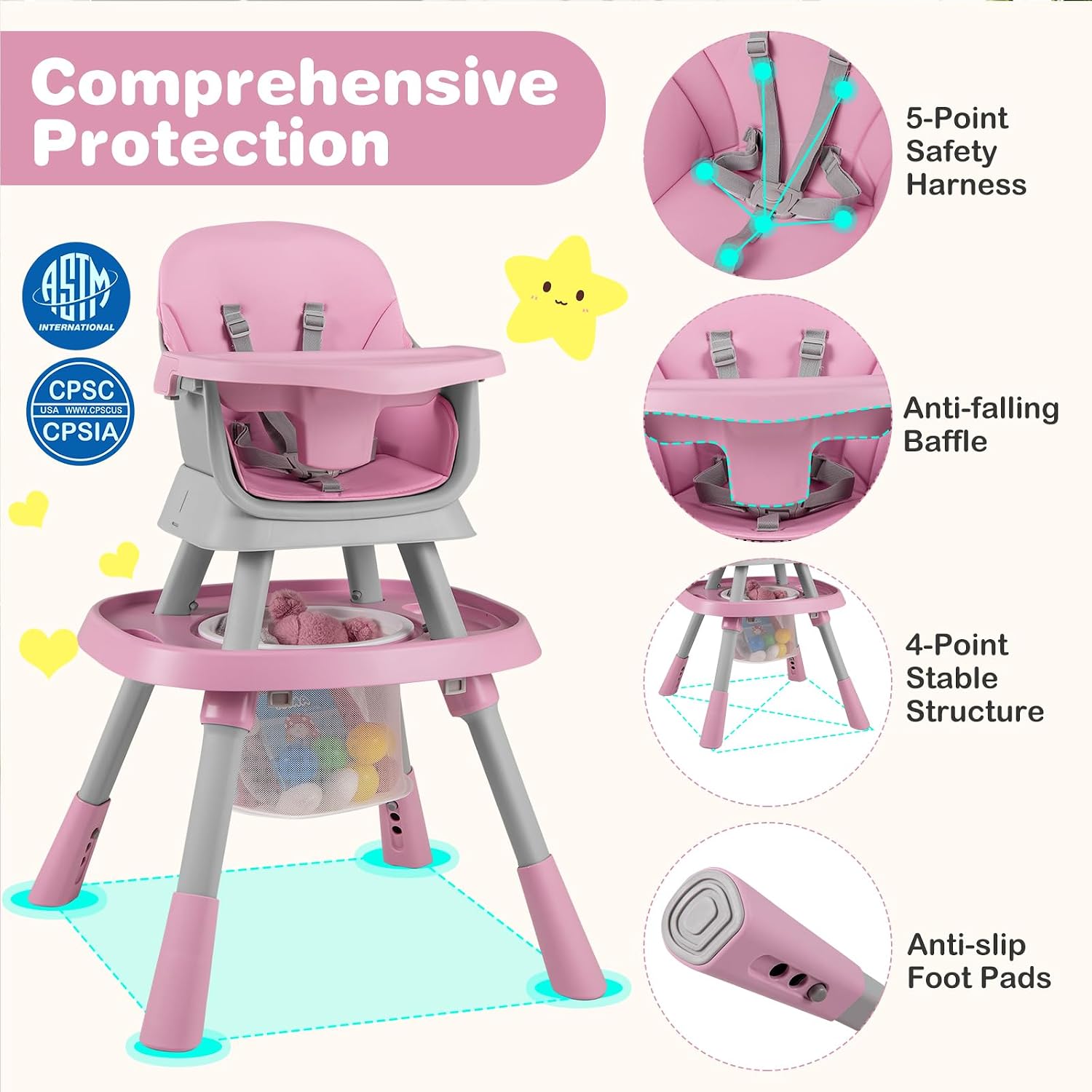 KOTEK 16 in 1 Convertible High Chair, Baby Highchair & Activity Center, Booster Seat, Building Block Table, Toddler Chair with 5-Point Harness, Removable Tray & Cushion (Pink)