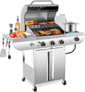 Electactic 3-Burner Propane Gas Grill with Side Burner – 34,000 BTU Stainless Steel Outdoor BBQ Grill, Cast Iron Grates, Portable with Wheels for Patio, Camping