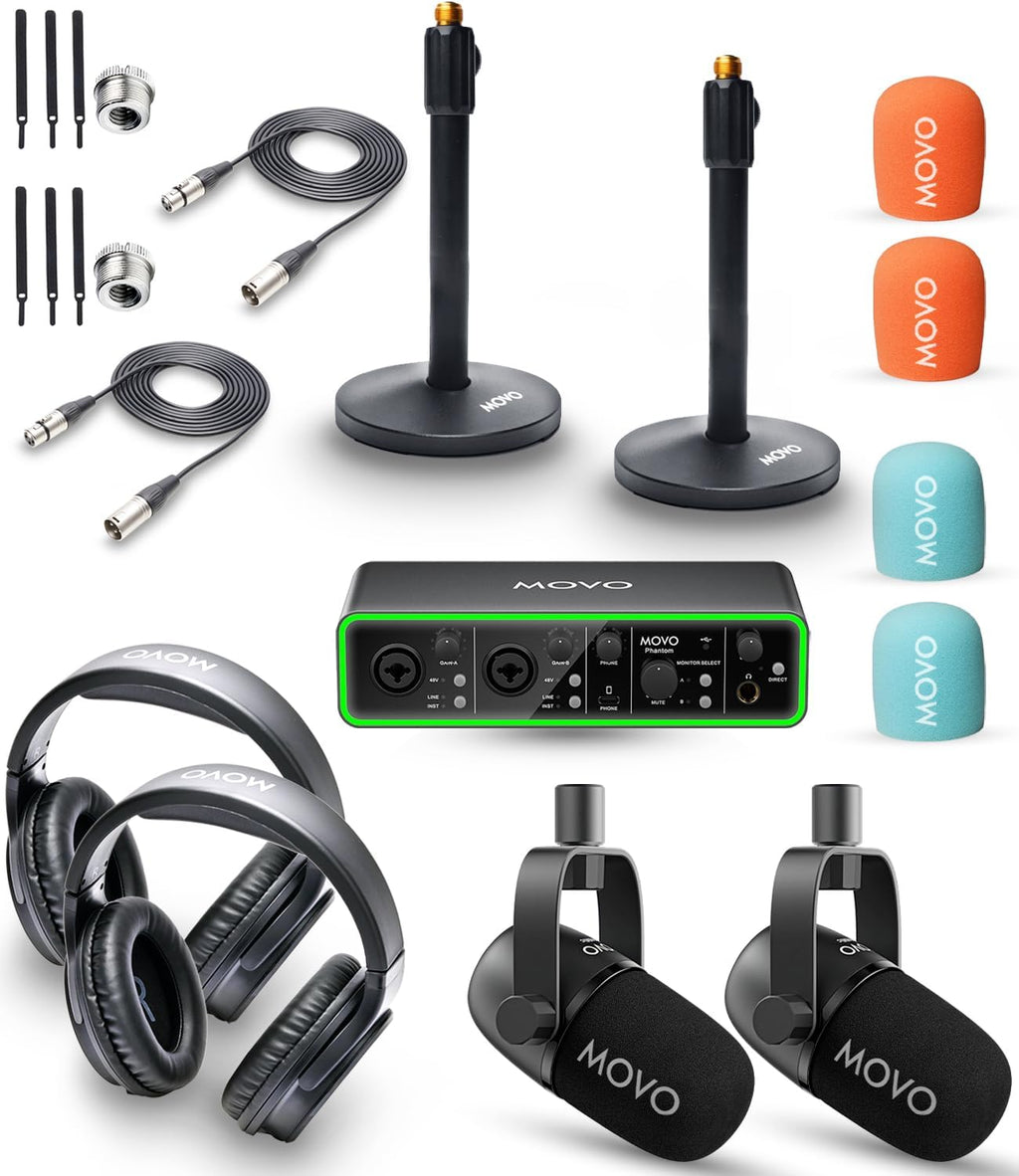 Movo Podcast Equipment Bundle for 2 with USB Audio Interface and 2 CastMic Dynamic Podcast Microphone Bundle with Mic Stands and Headphones for Podcasting, Streaming, and Musicians - Podcast Kit